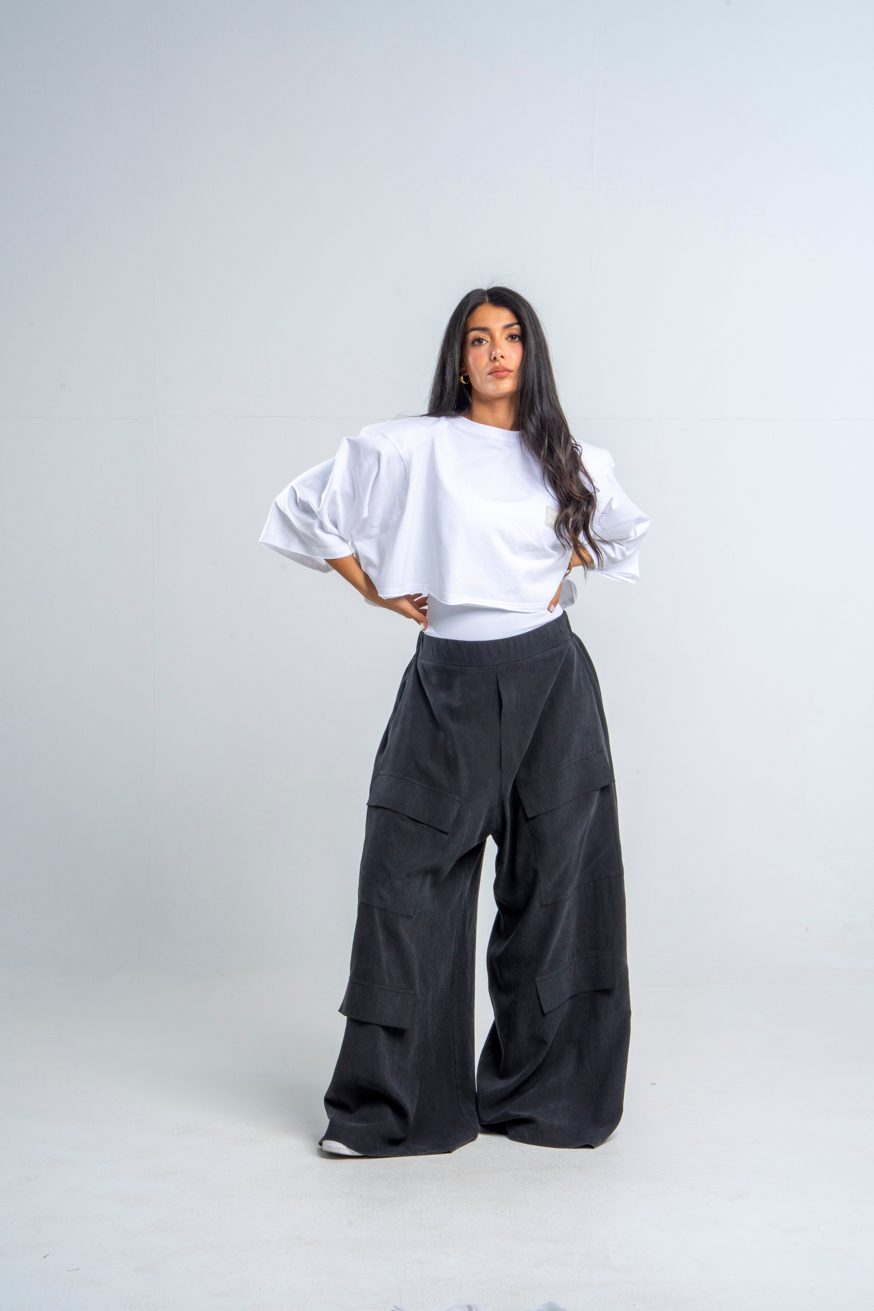 Low Crotch Cargo Black Pants