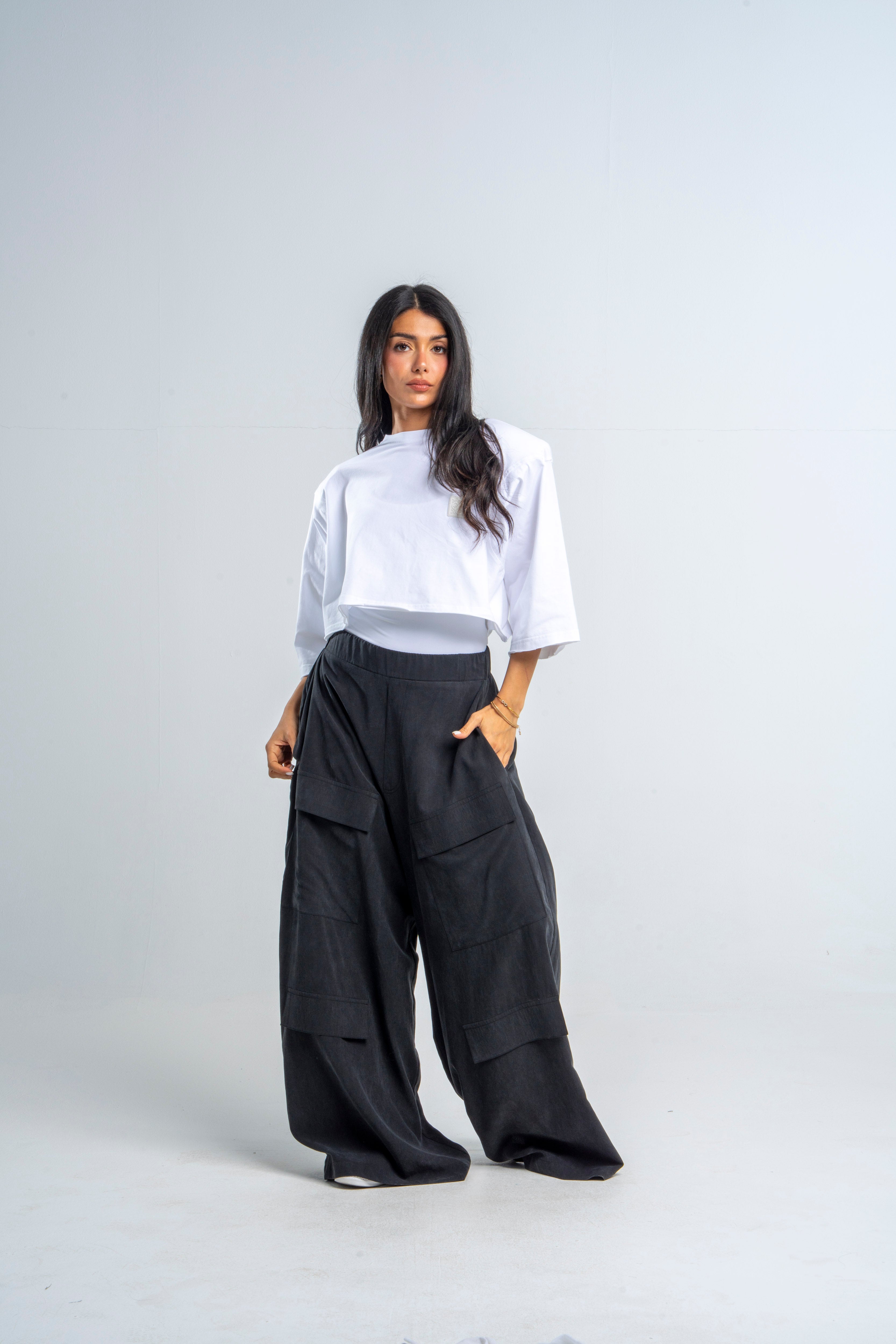 Low Crotch Cargo Black Pants