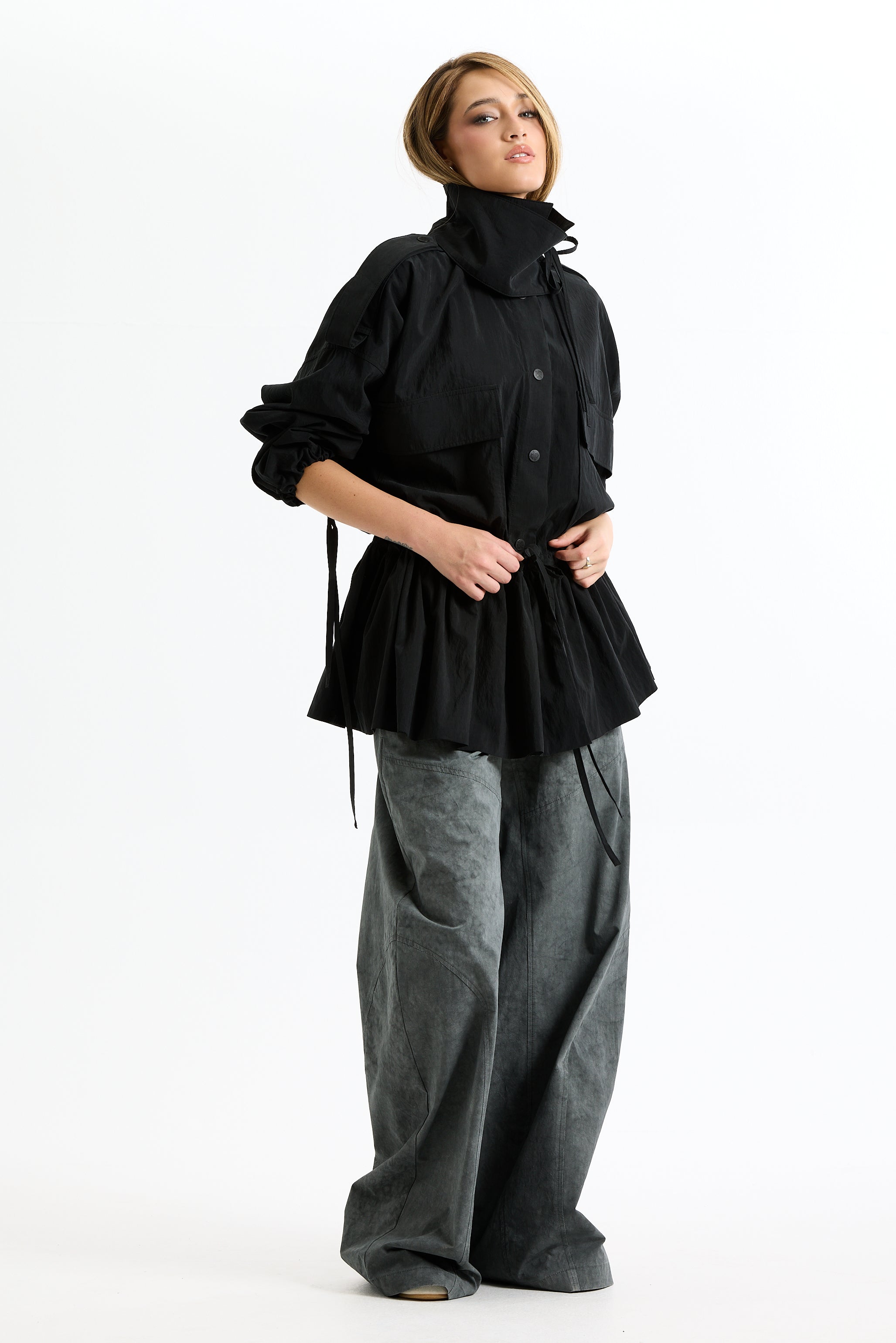 Long Peplum Cargo Jacket In Black