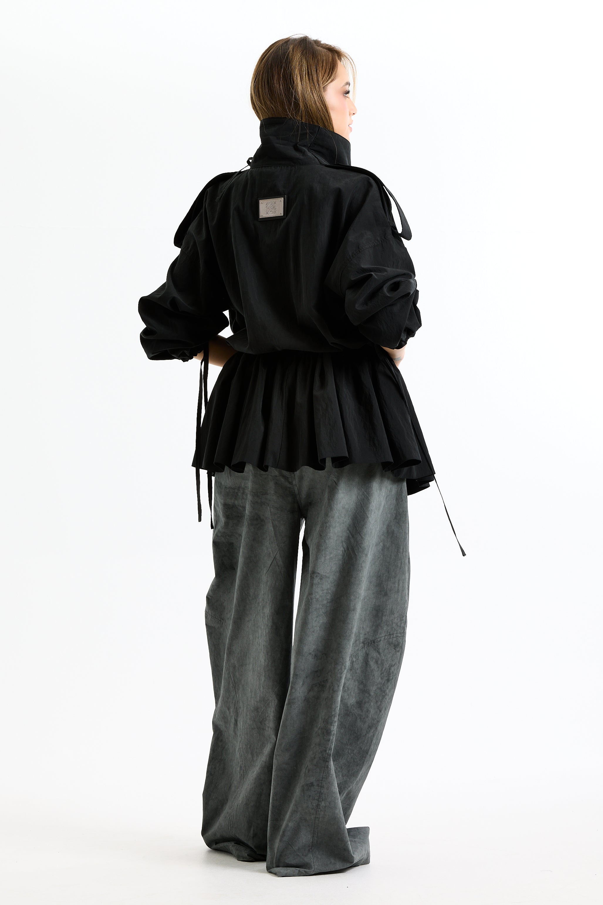 Long Peplum Cargo Jacket In Black