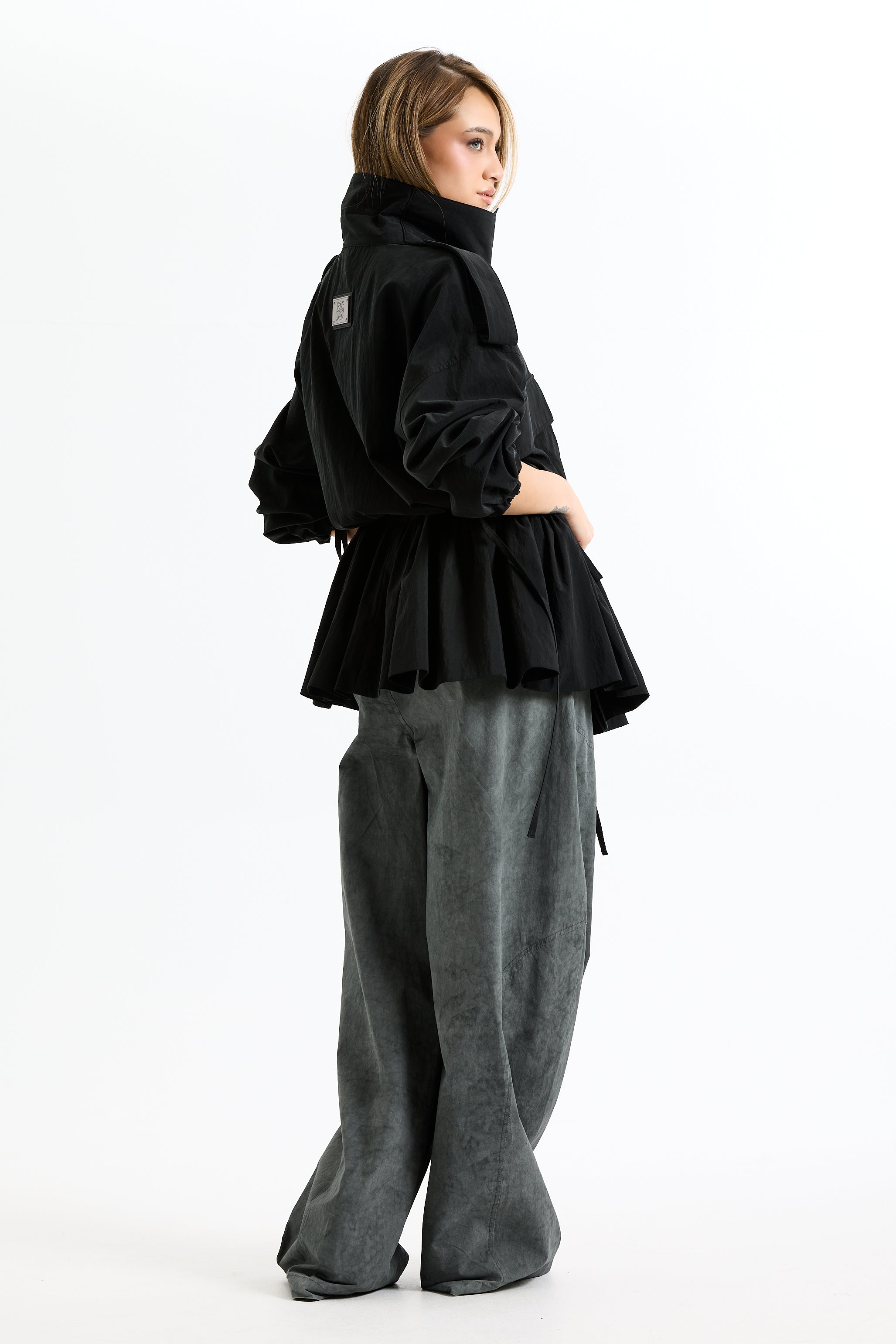 Long Peplum Cargo Jacket In Black