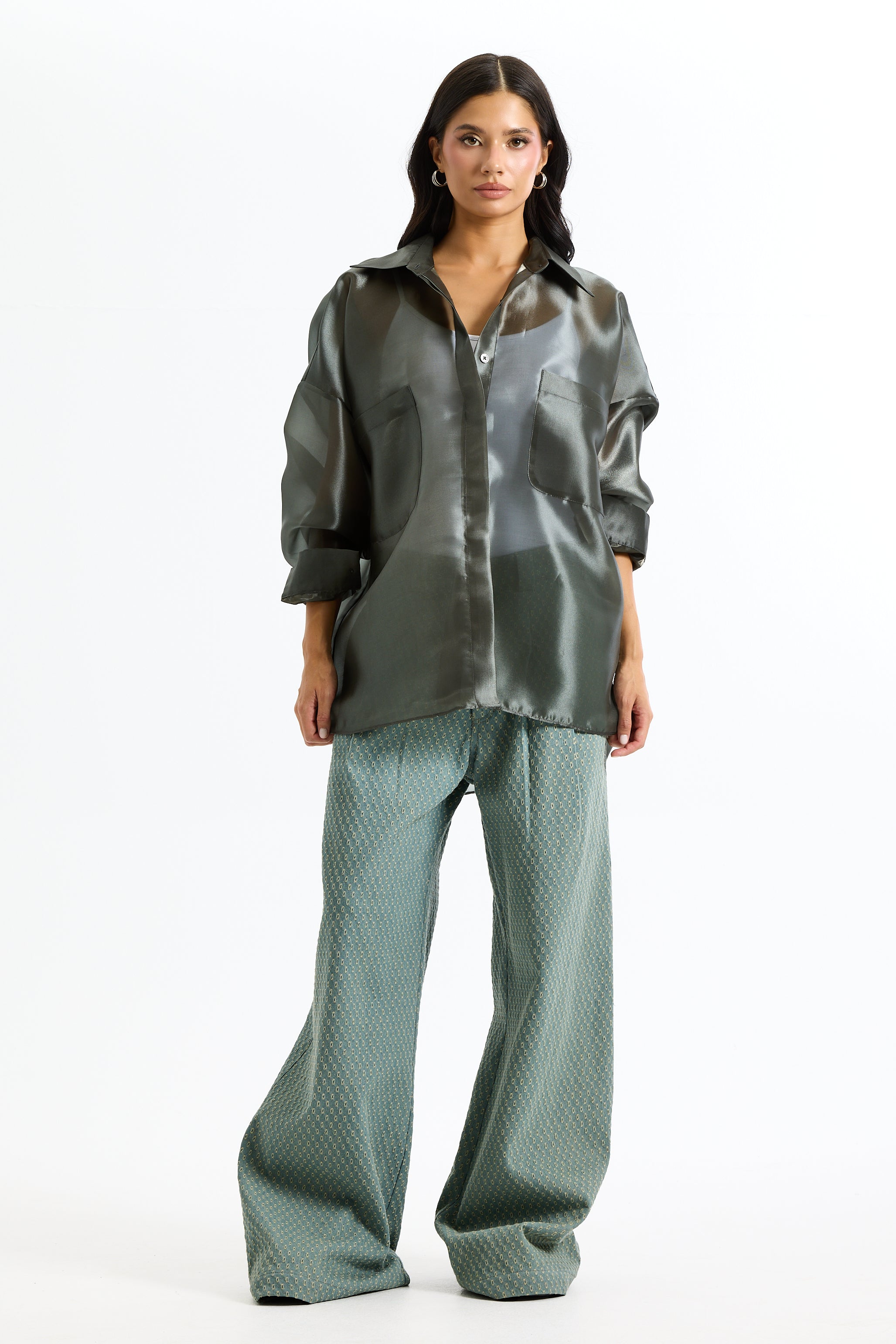 Oversize Organza Shirt In Olive