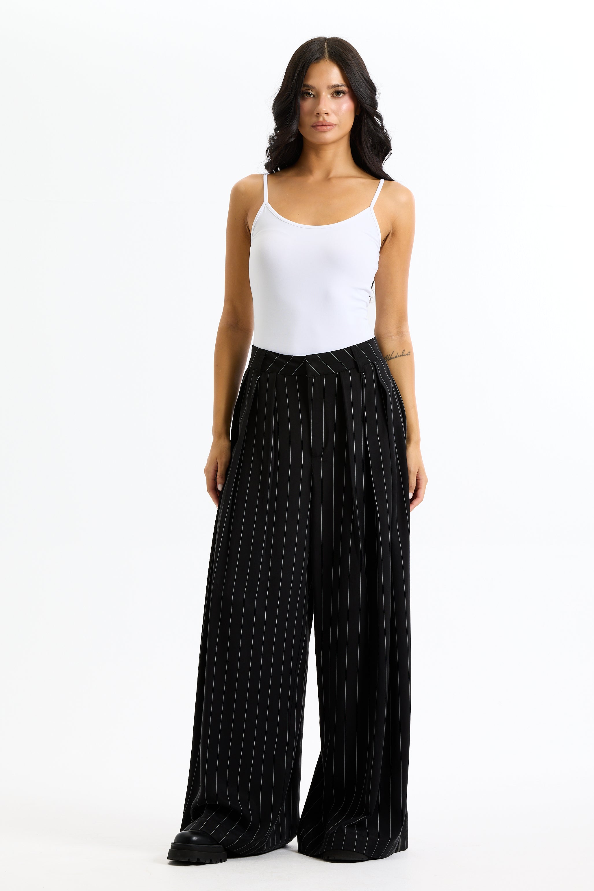 Pleated Striped Black Pants