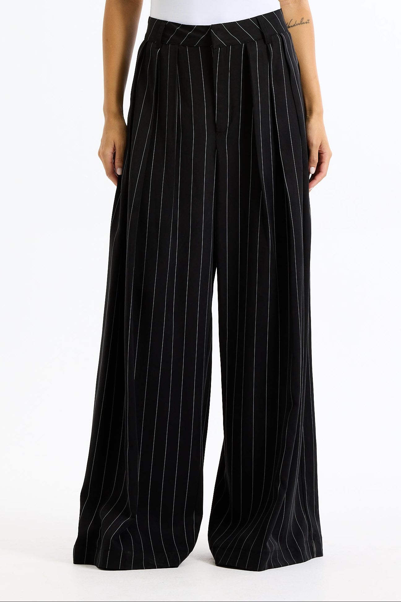 Pleated Striped Black Pants