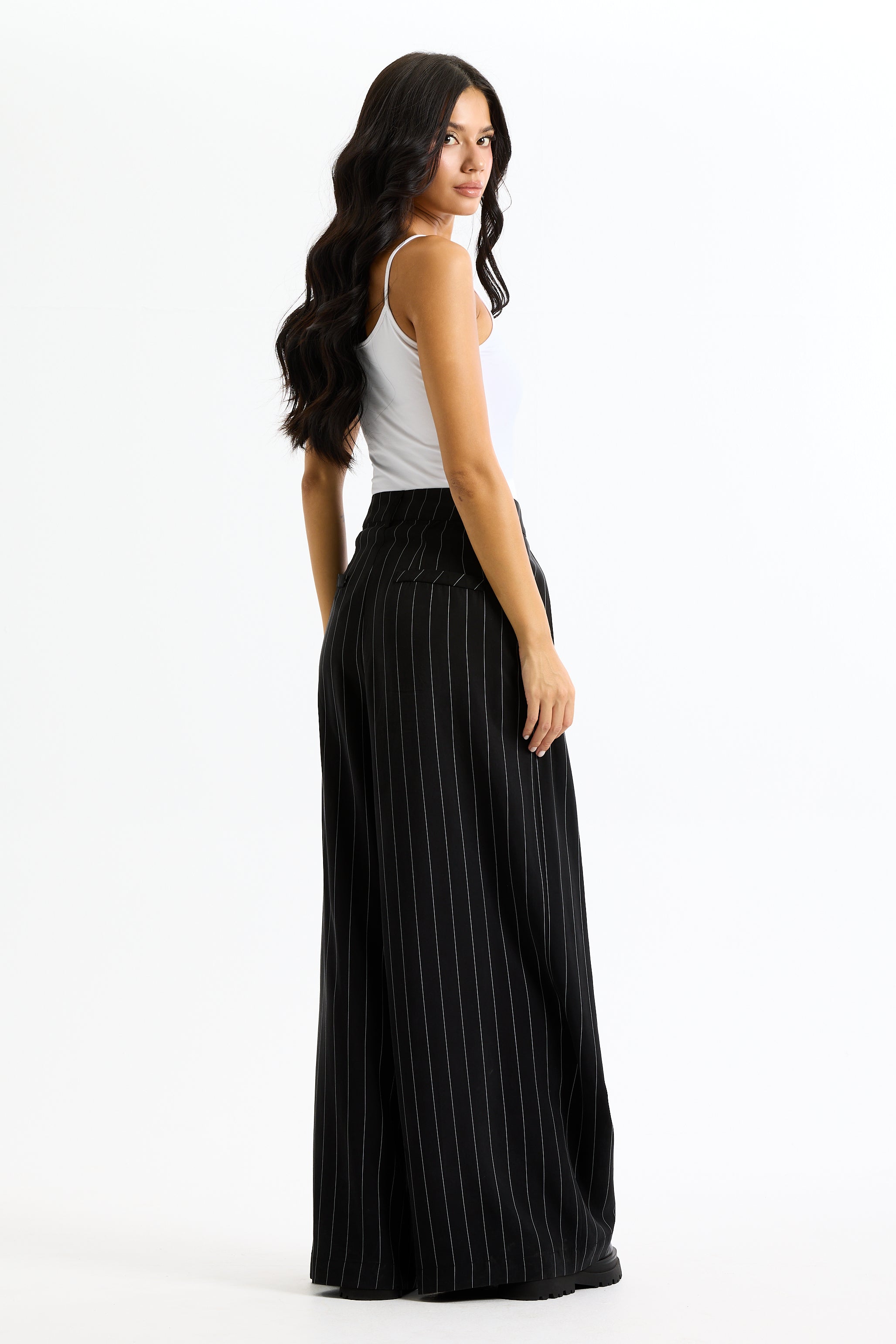 Pleated Striped Black Pants