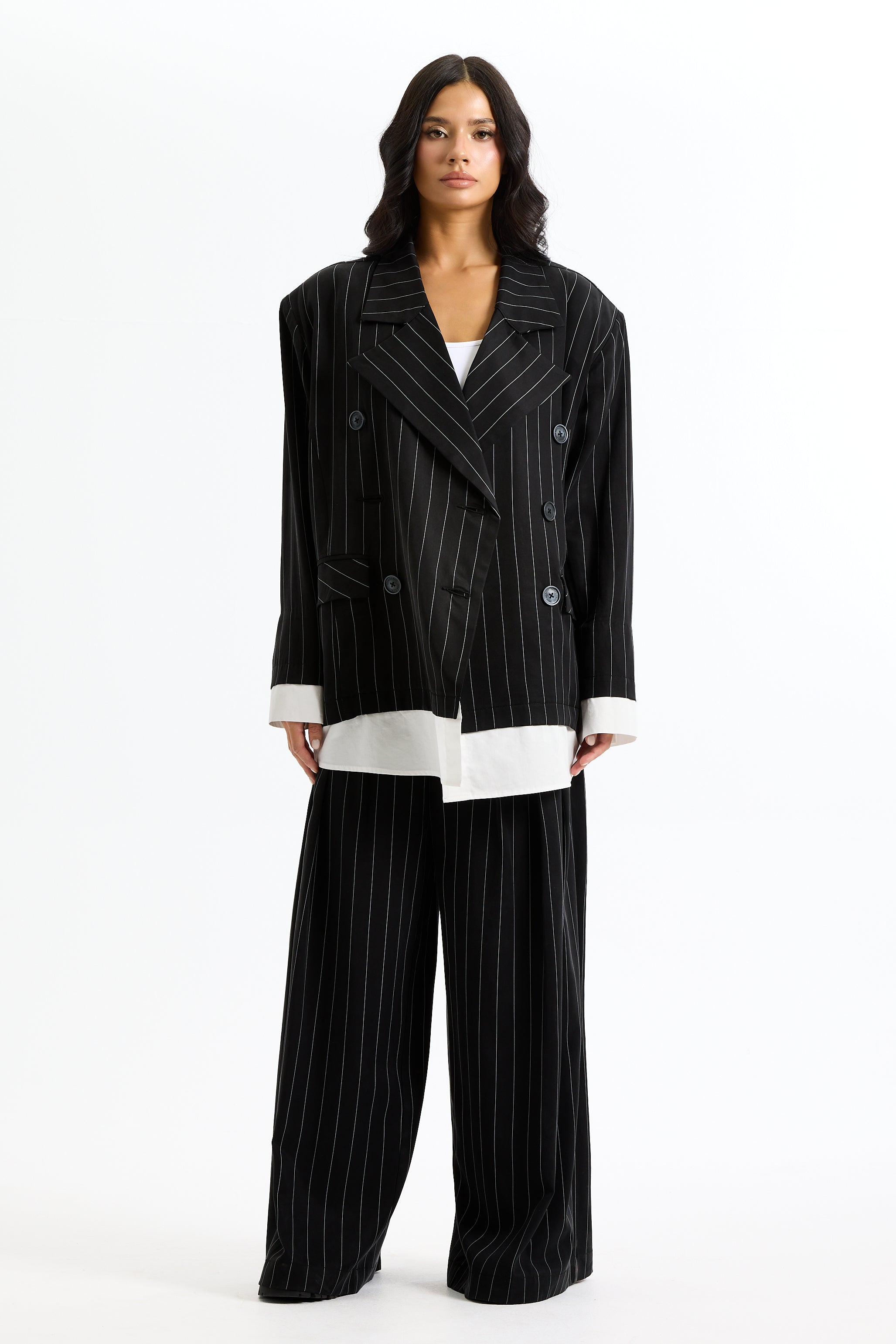 Pleated Striped Black Pants