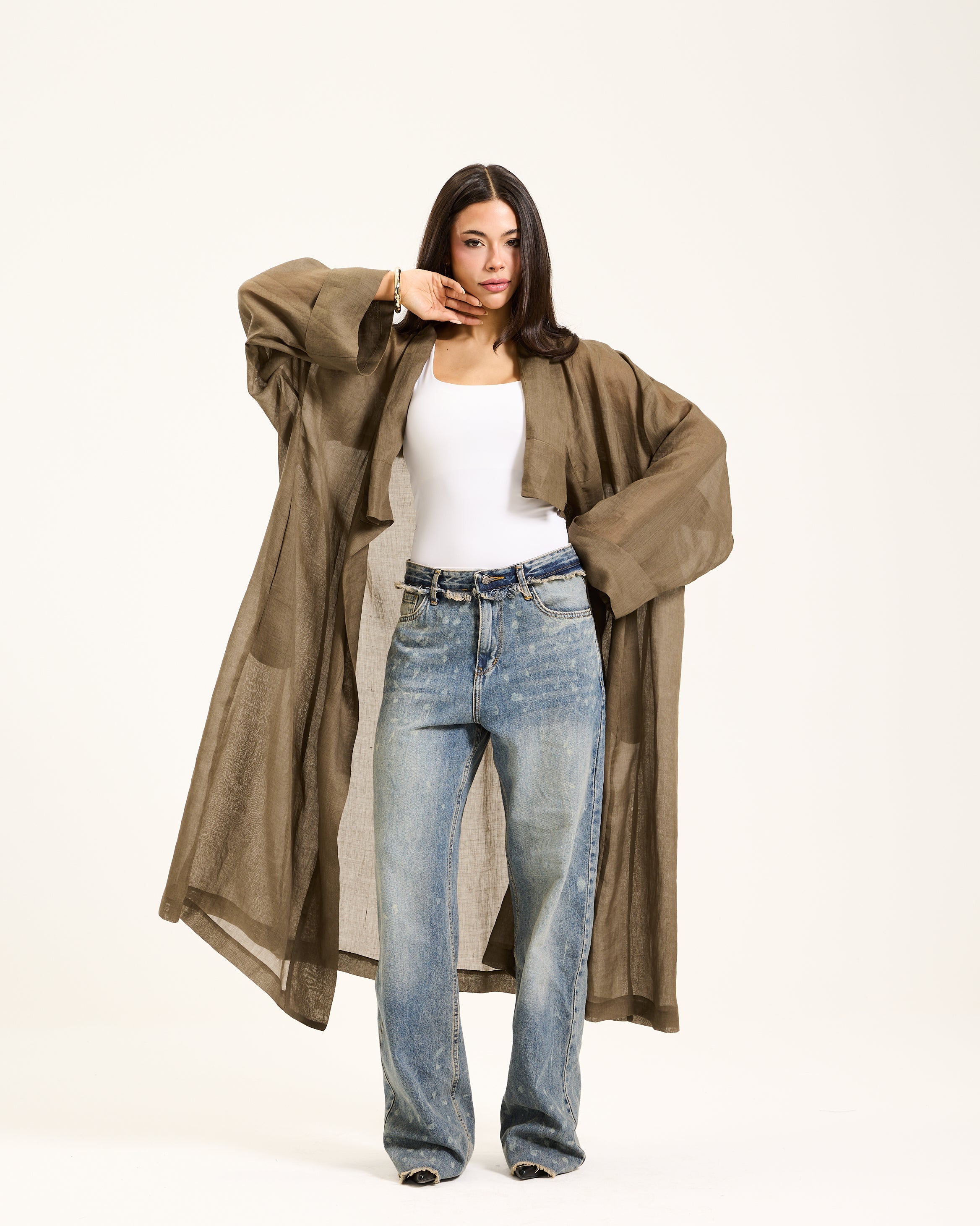 See through Linen Olive Cardigan