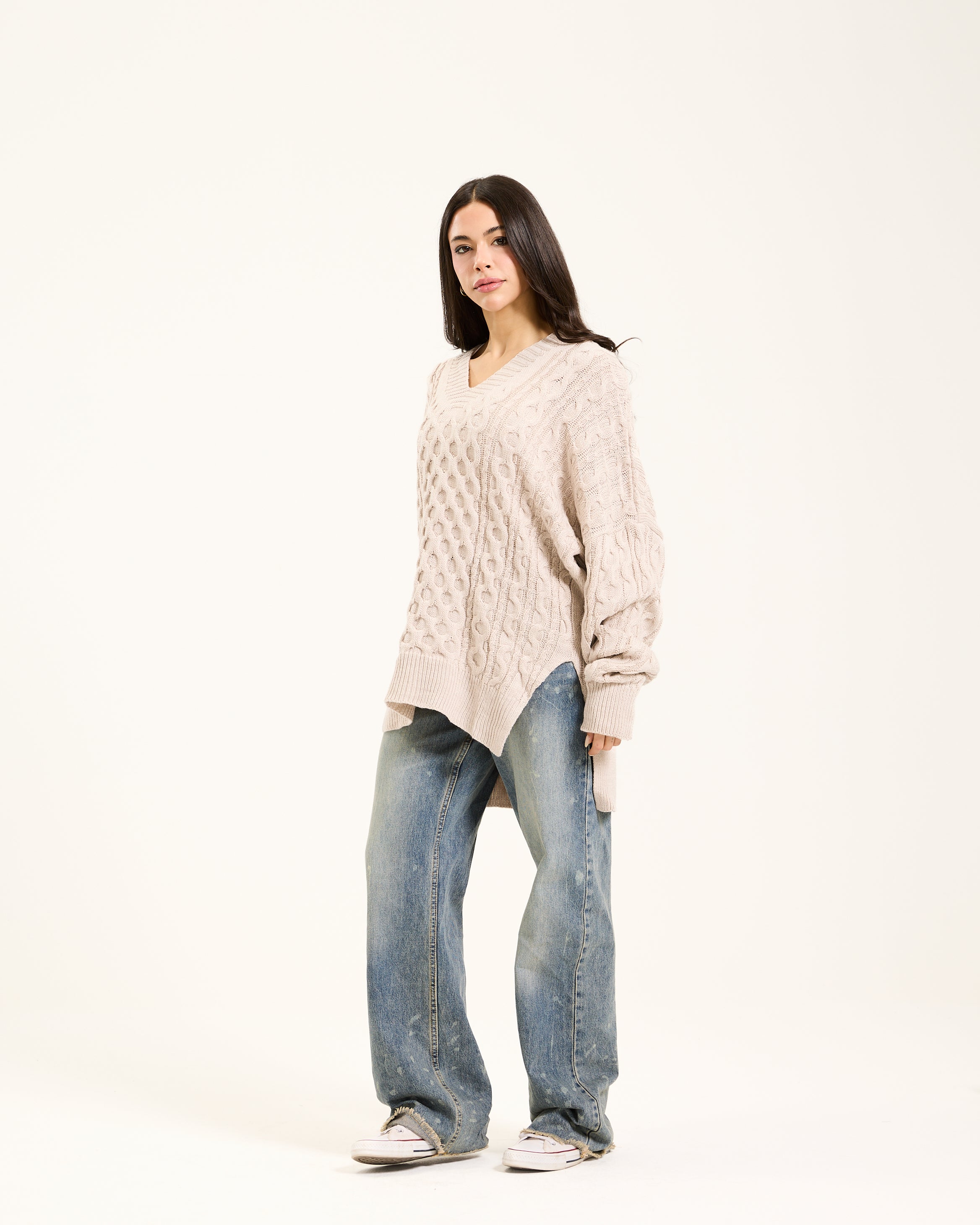 Oversize Braided Pullover In Beige