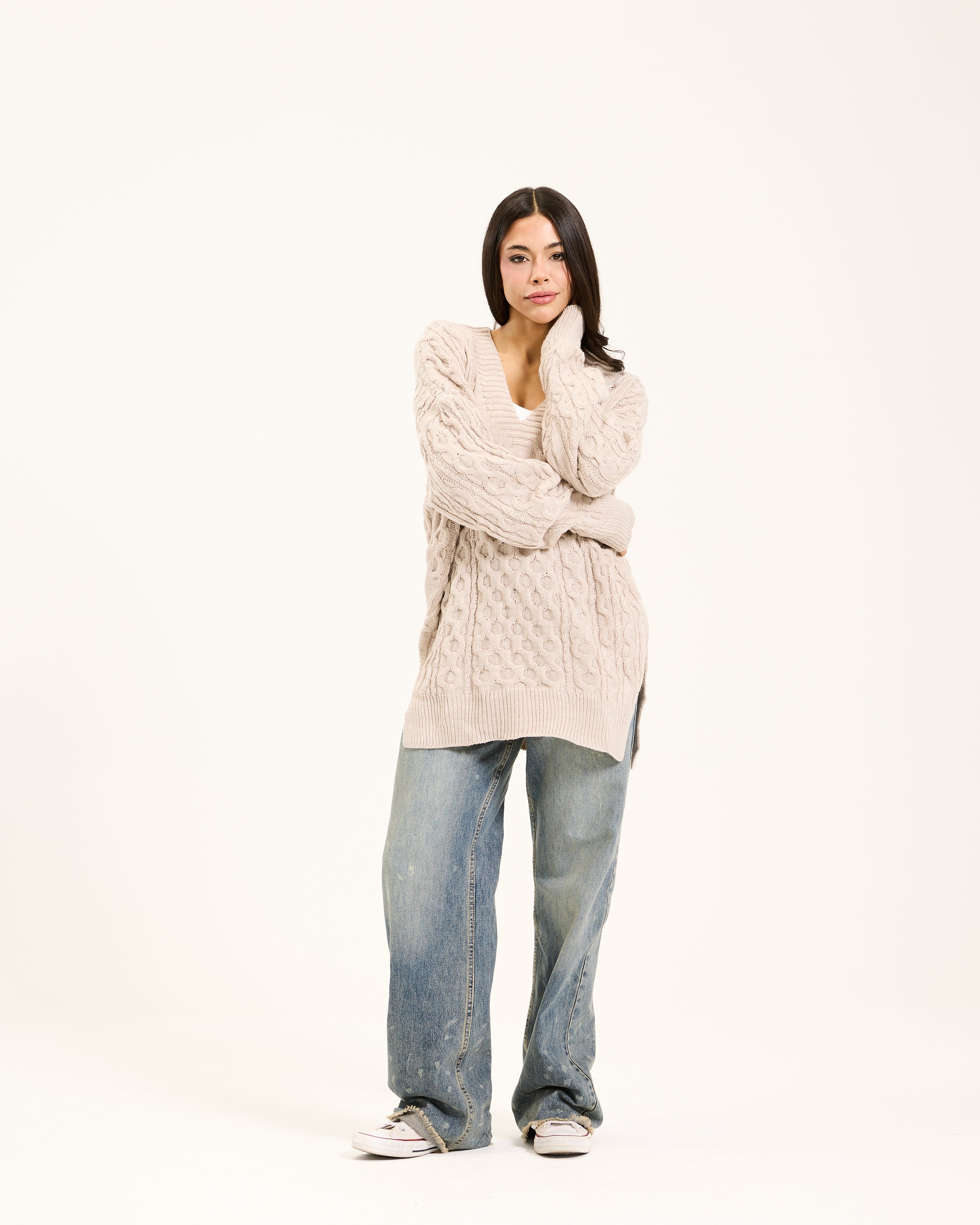 Oversize Braided Pullover In Beige