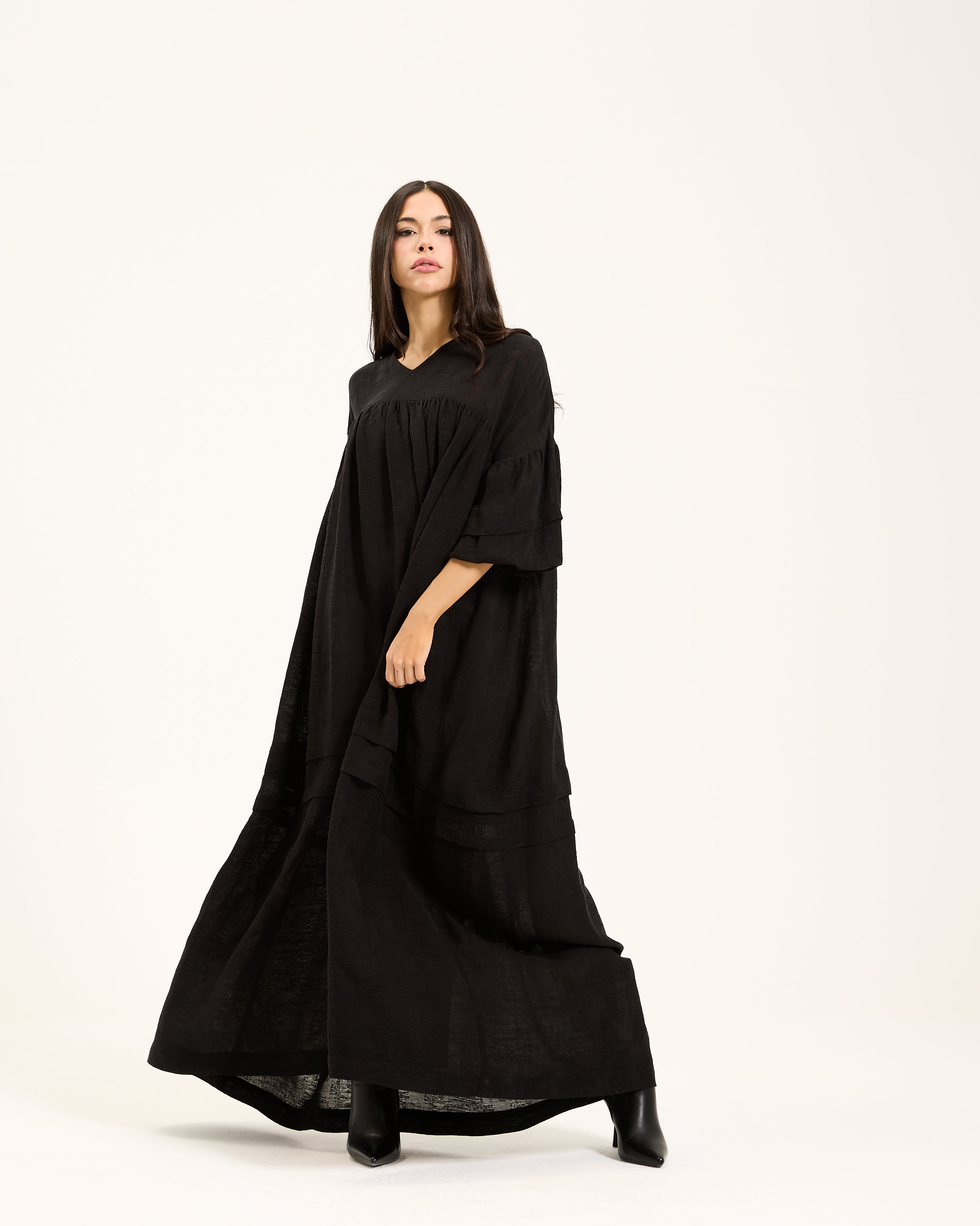 Linen Balloon Sleeves Dress In Black