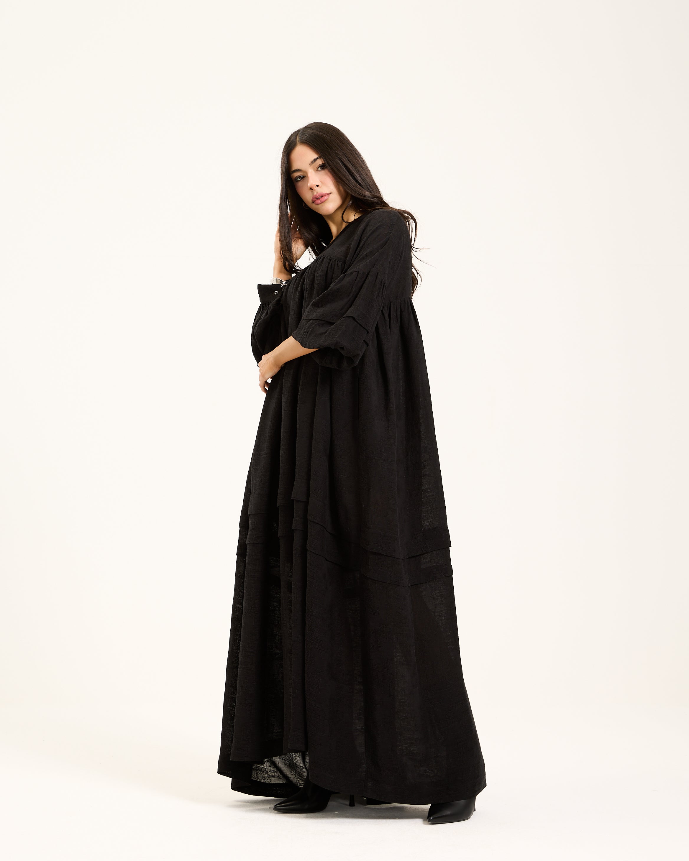 Linen Balloon Sleeves Dress In Black