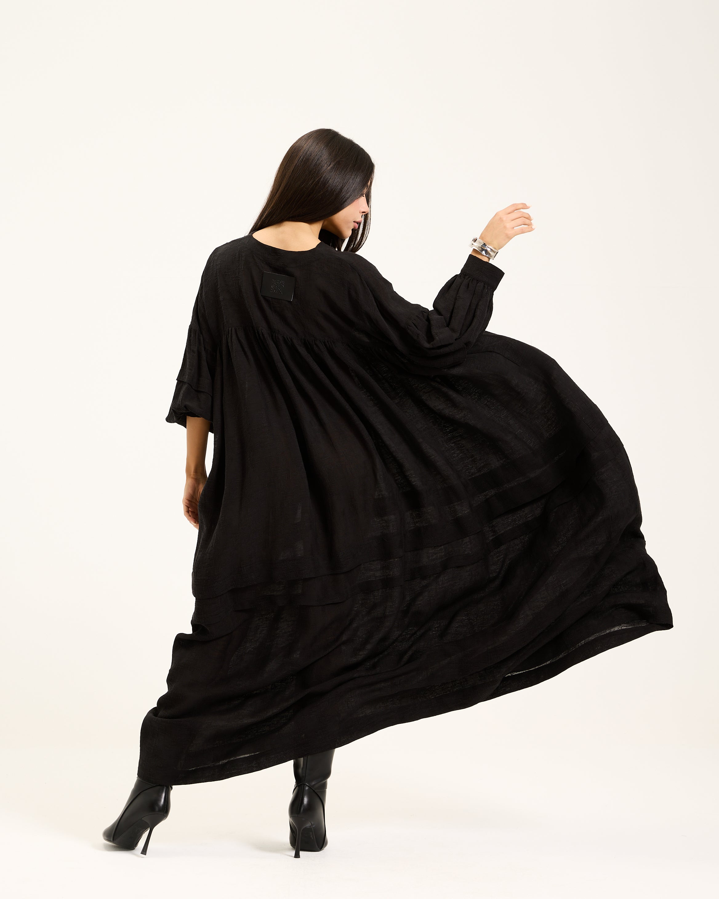 Linen Balloon Sleeves Dress In Black