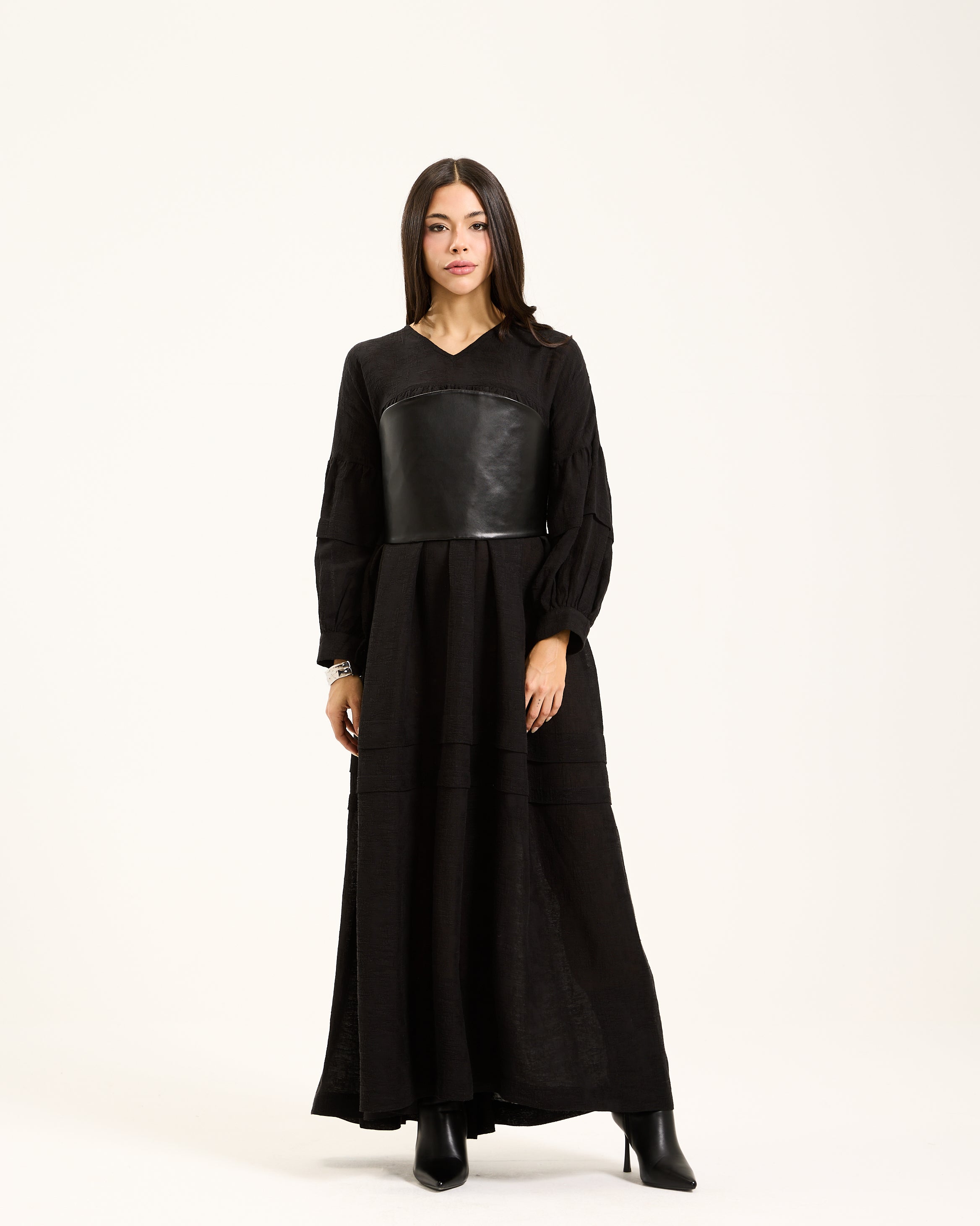 Linen Balloon Sleeves Dress In Black
