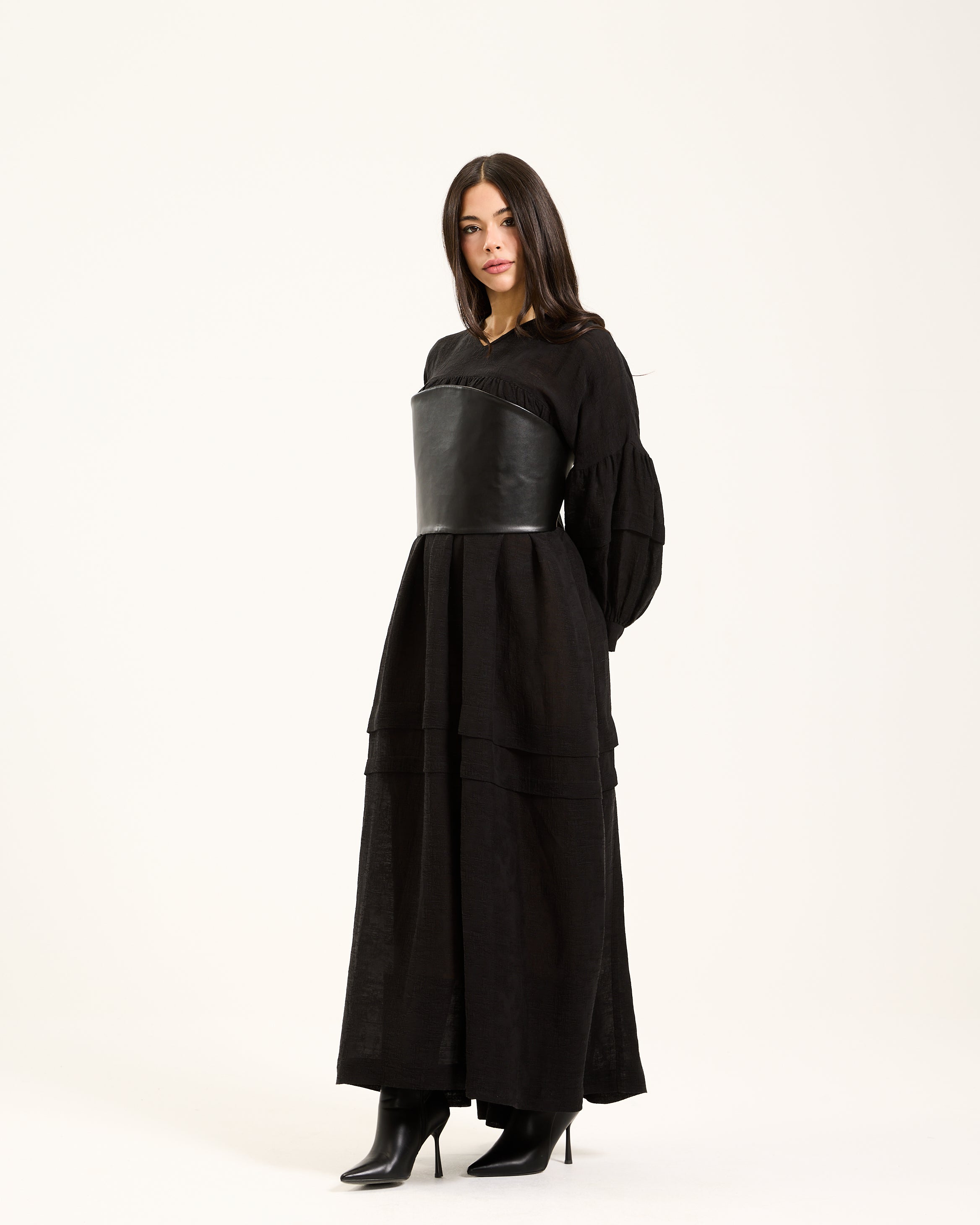 Linen Balloon Sleeves Dress In Black