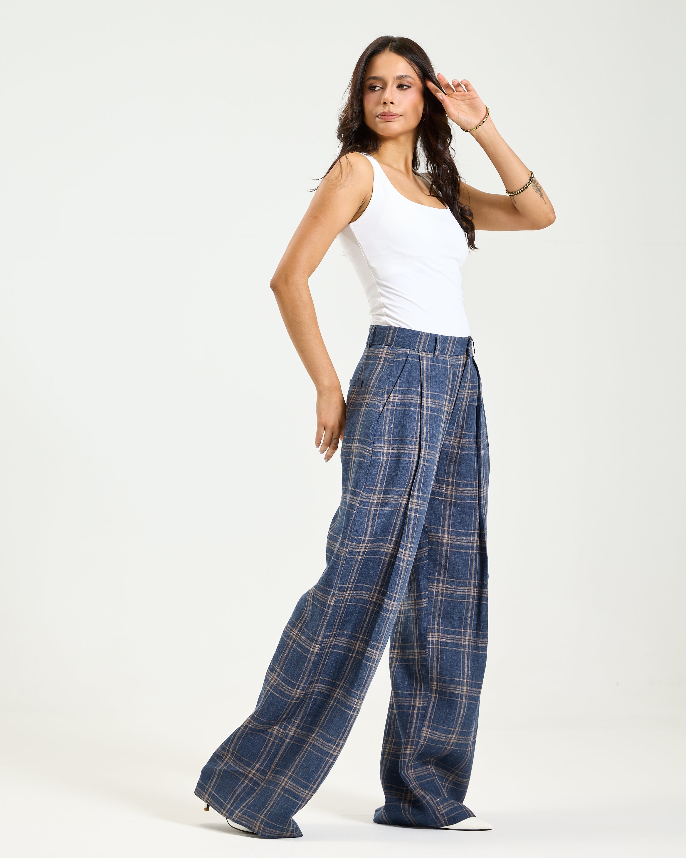 Checker Linen Wide Pants