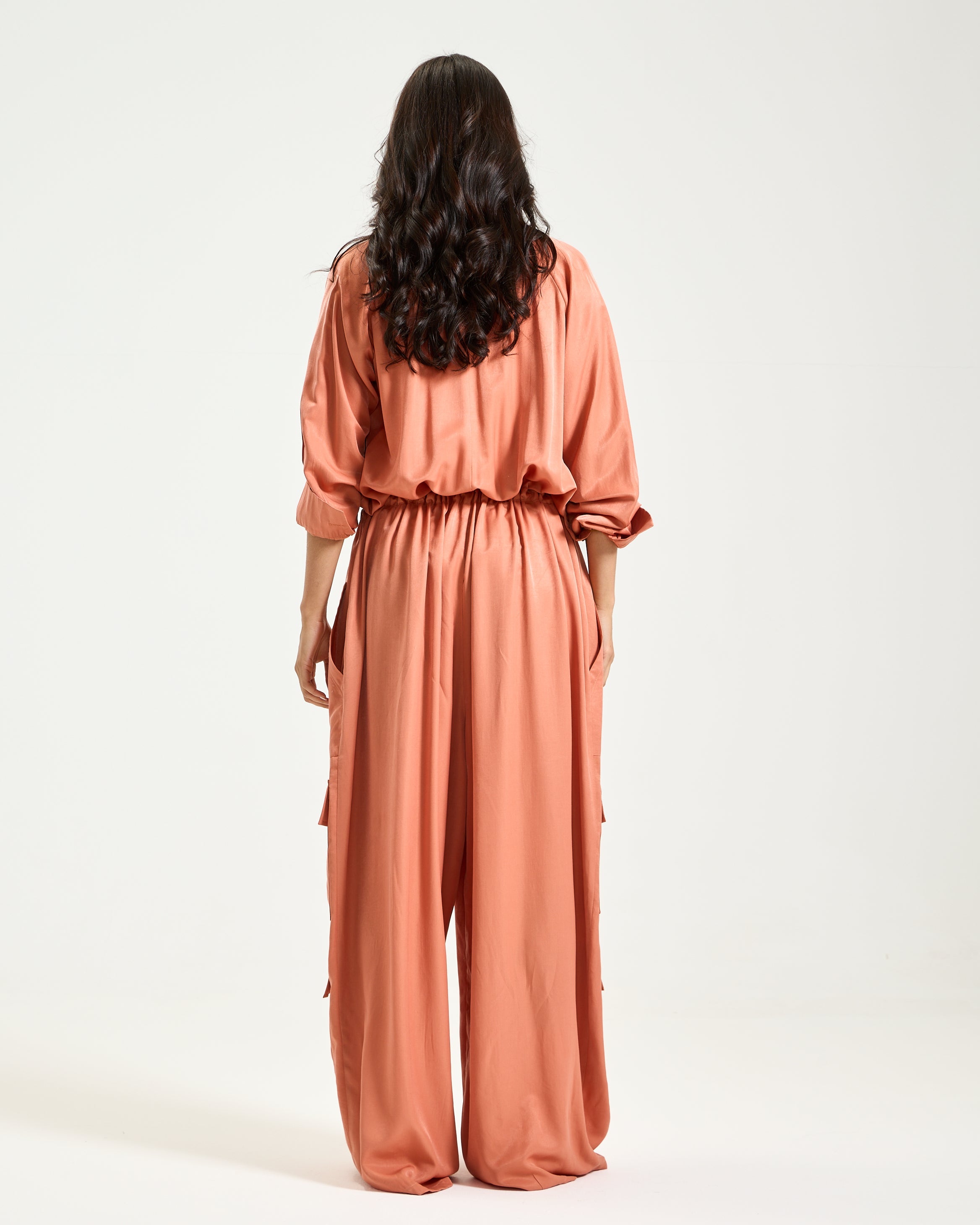 Wide Leg Cargo Jumpsuit In Peach