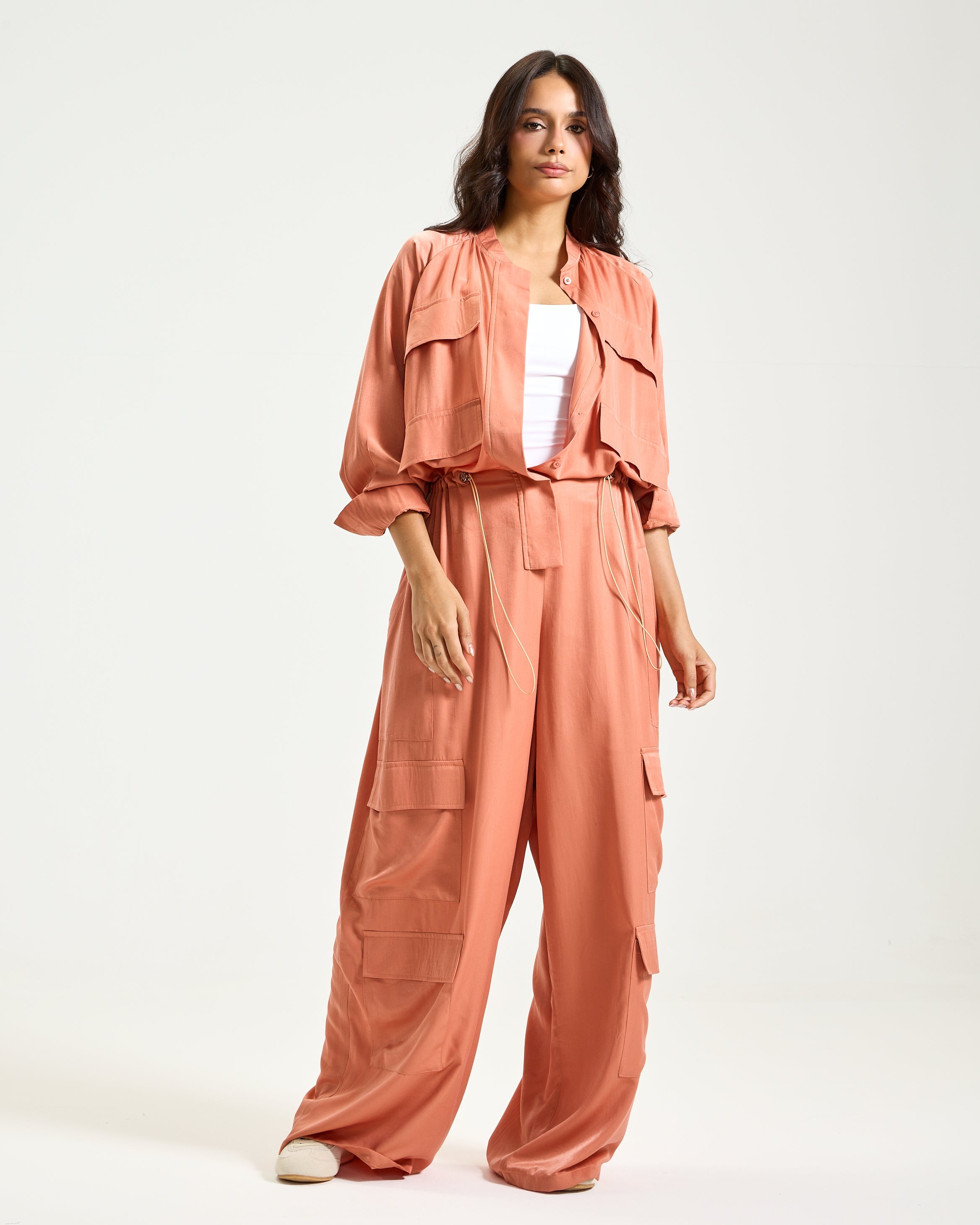 Wide Leg Cargo Jumpsuit In Peach