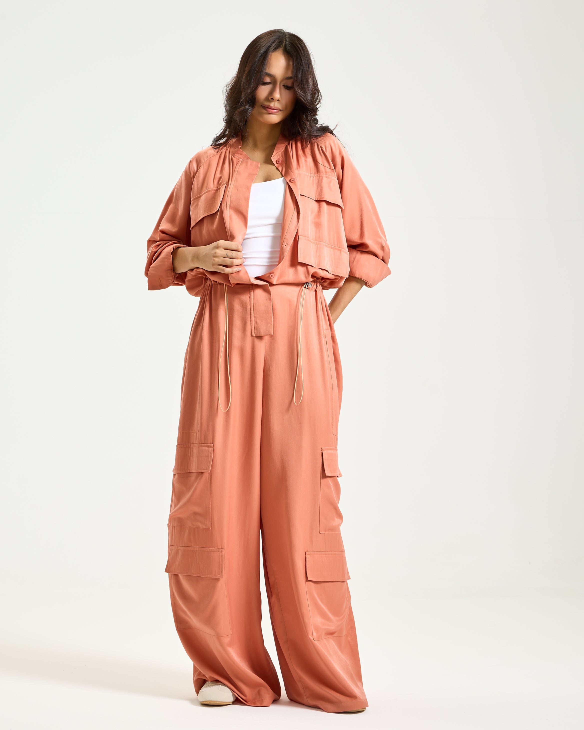 Wide Leg Cargo Jumpsuit In Peach