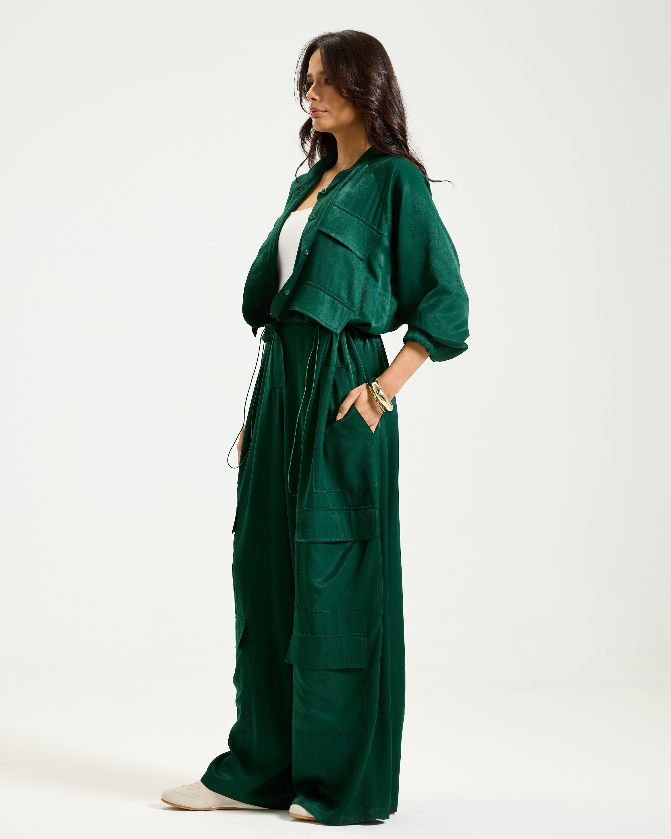Wide Leg Cargo Jumpsuit In Green