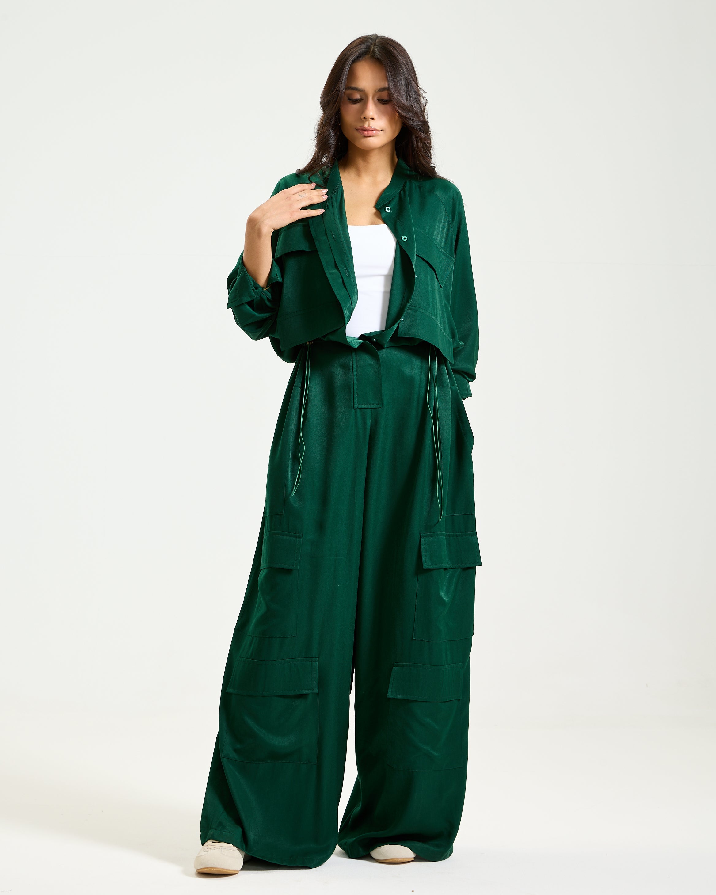 Wide Leg Cargo Jumpsuit In Green