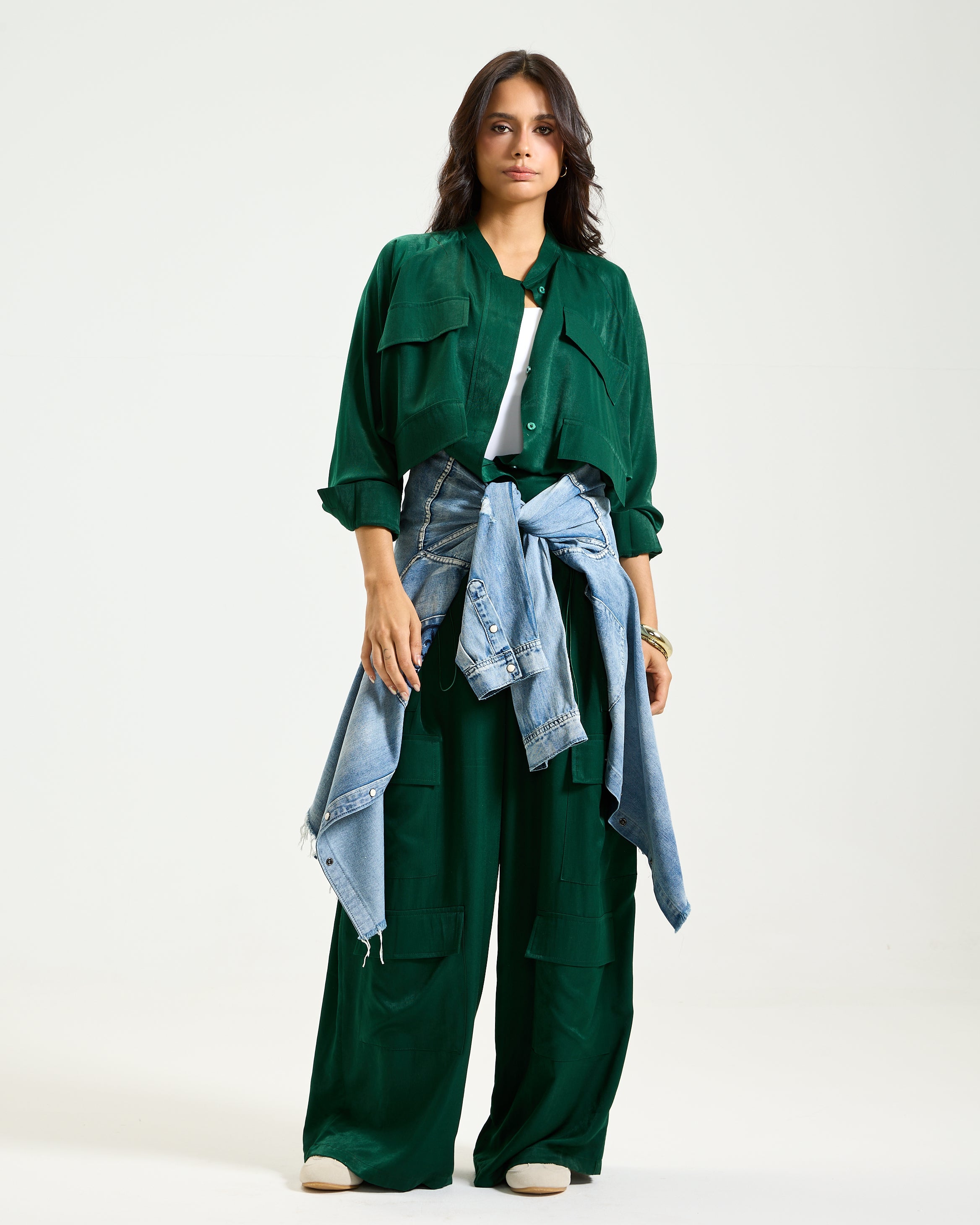 Wide Leg Cargo Jumpsuit In Green