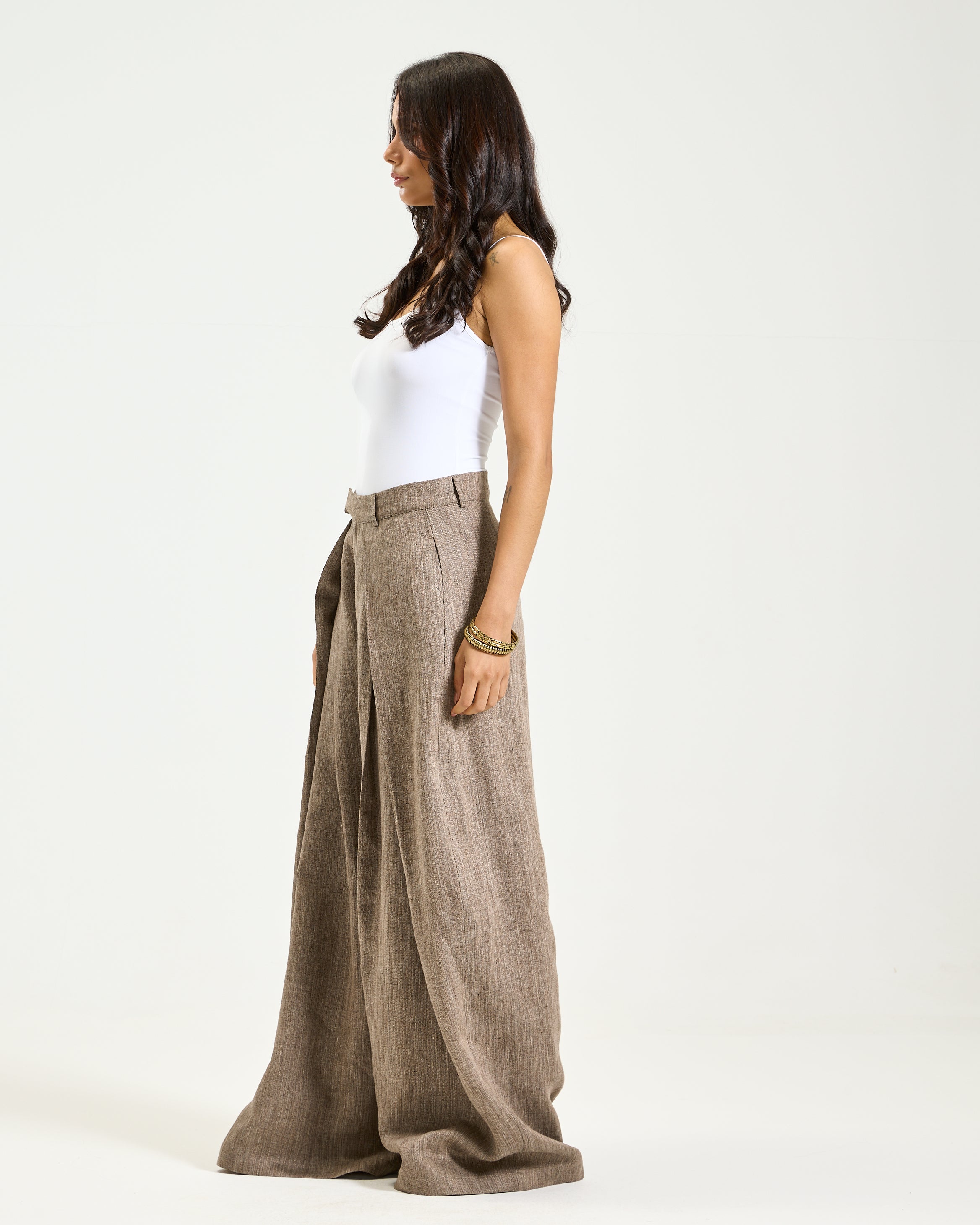 Flapped Coffee Linen Pants