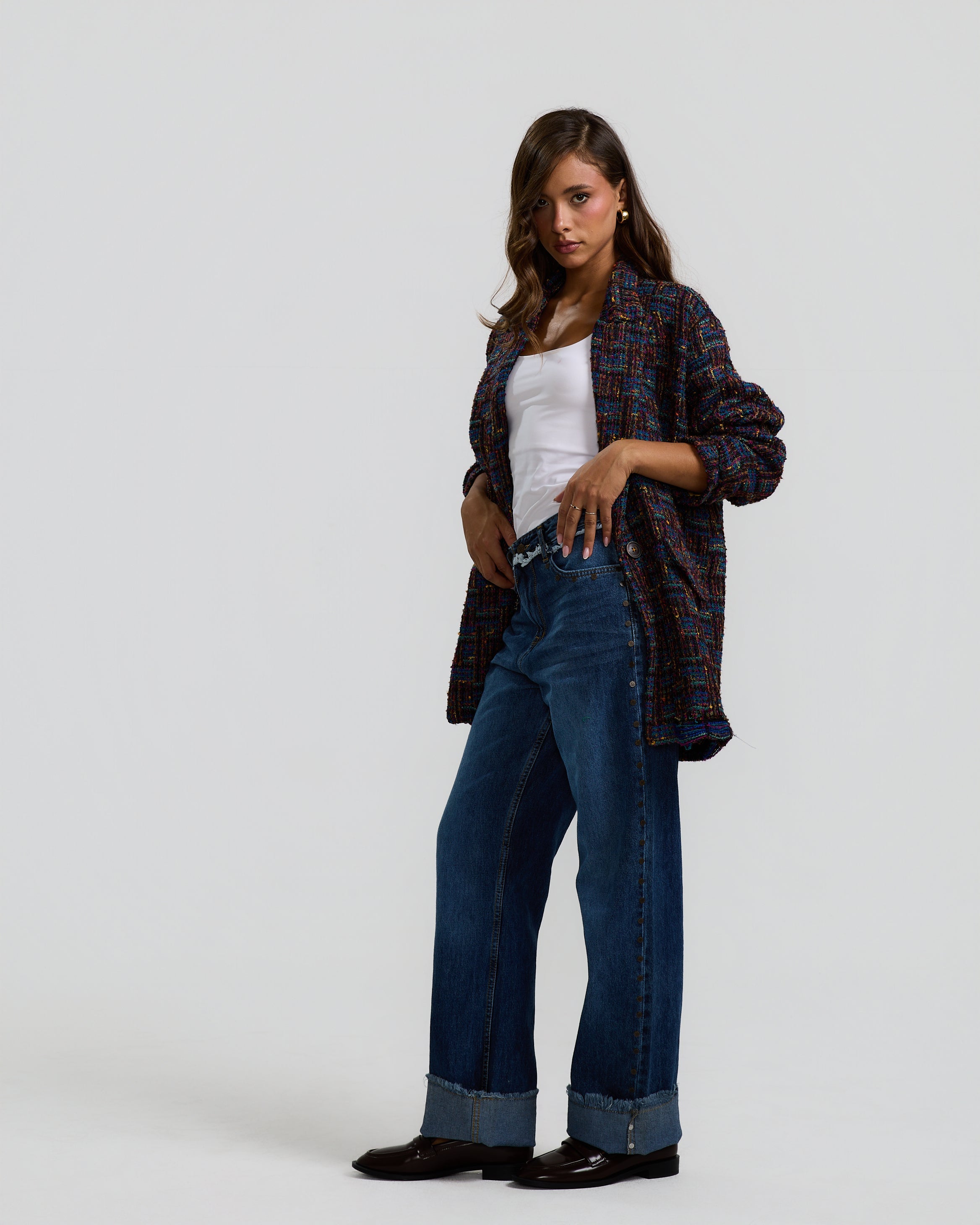 Multicolor Ripped Tweed Blazer