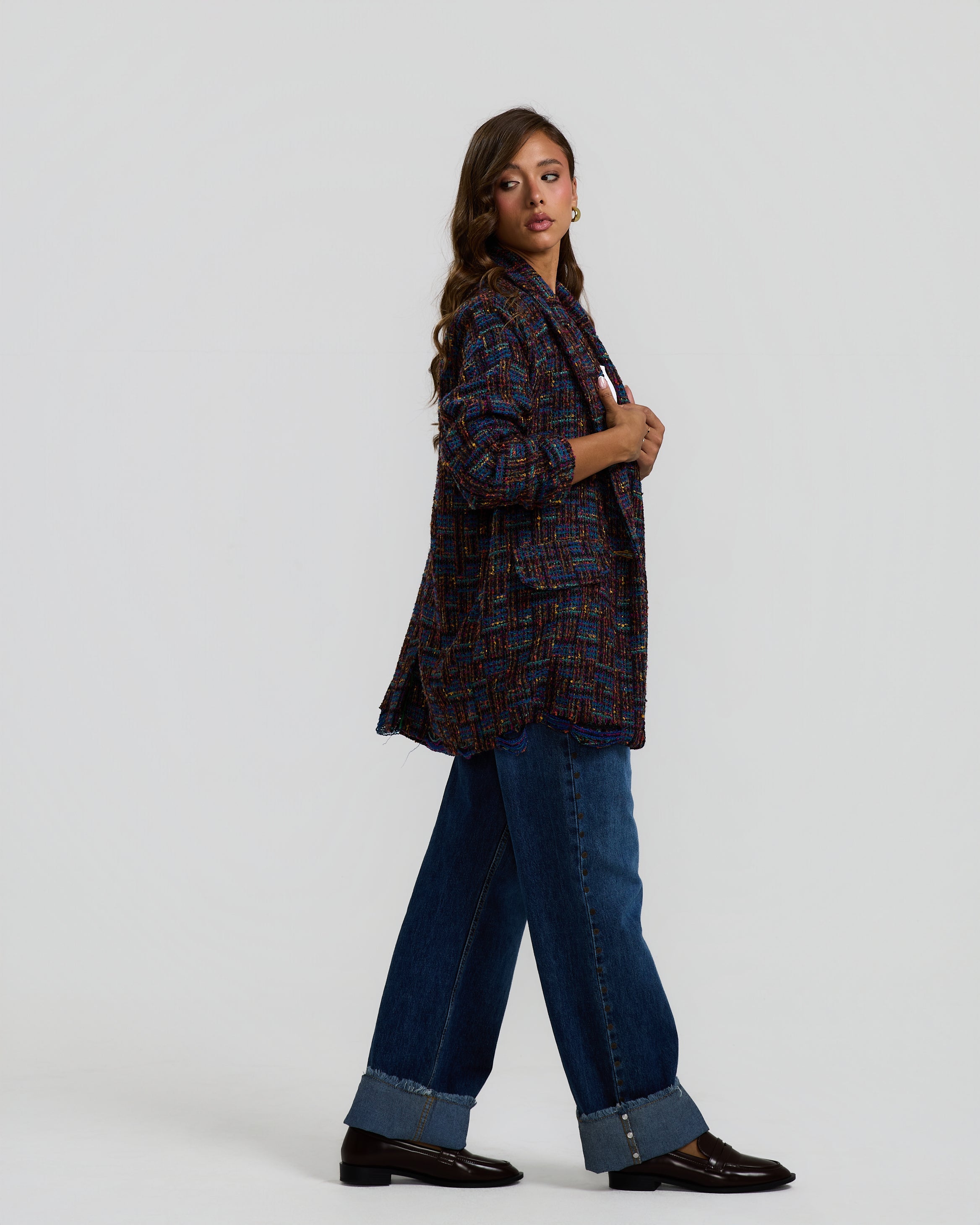 Multicolor Ripped Tweed Blazer