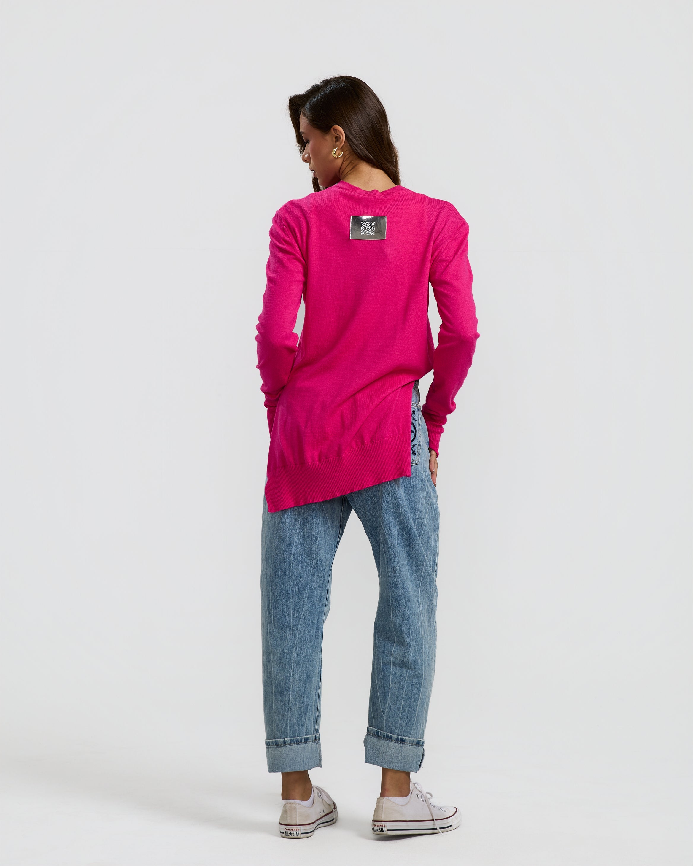 High Low Basic Sweater In Hot Pink