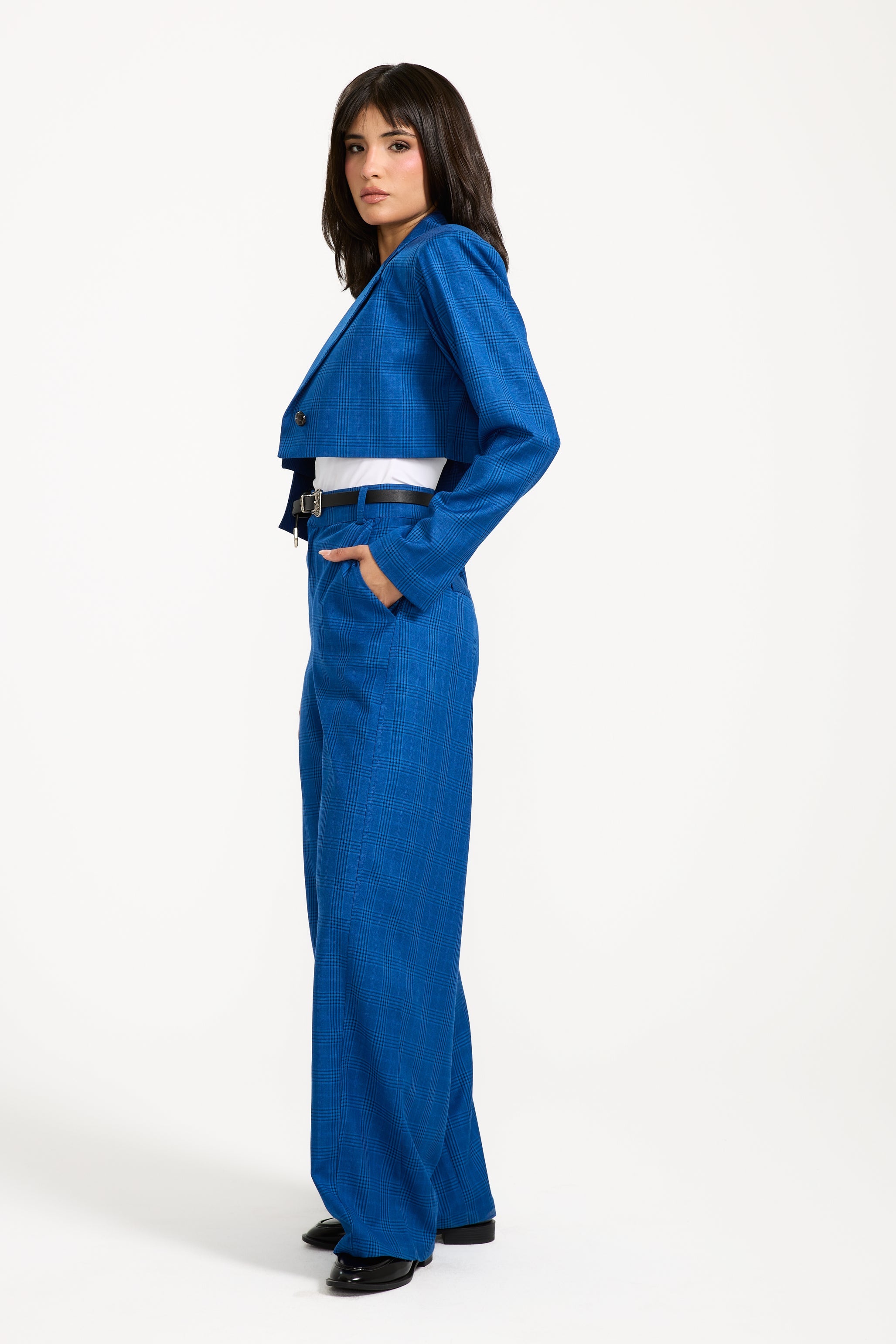 Cropped Checker Single Pocket Blazer