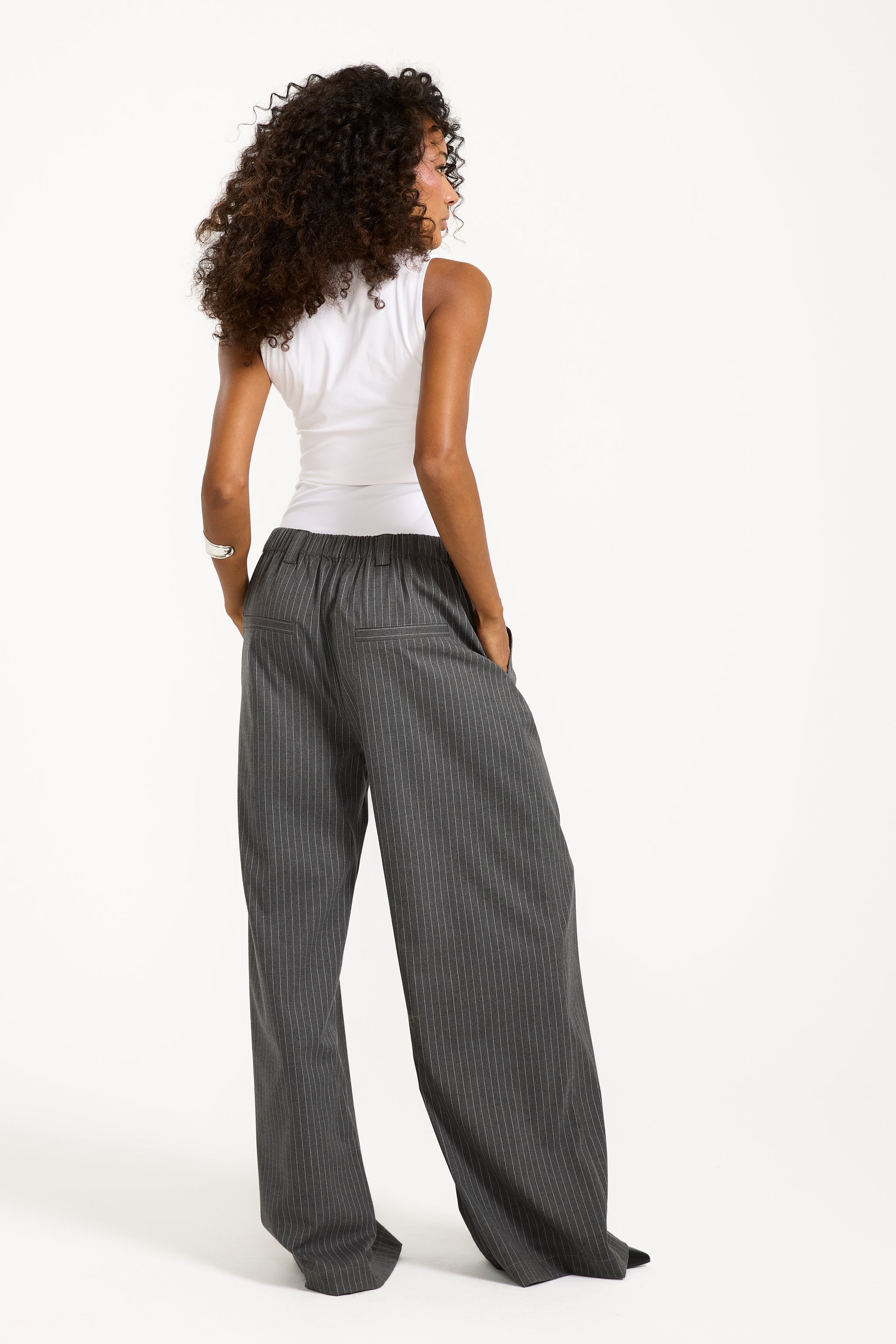Striped Classic Wide Leg Pants In Dark Grey