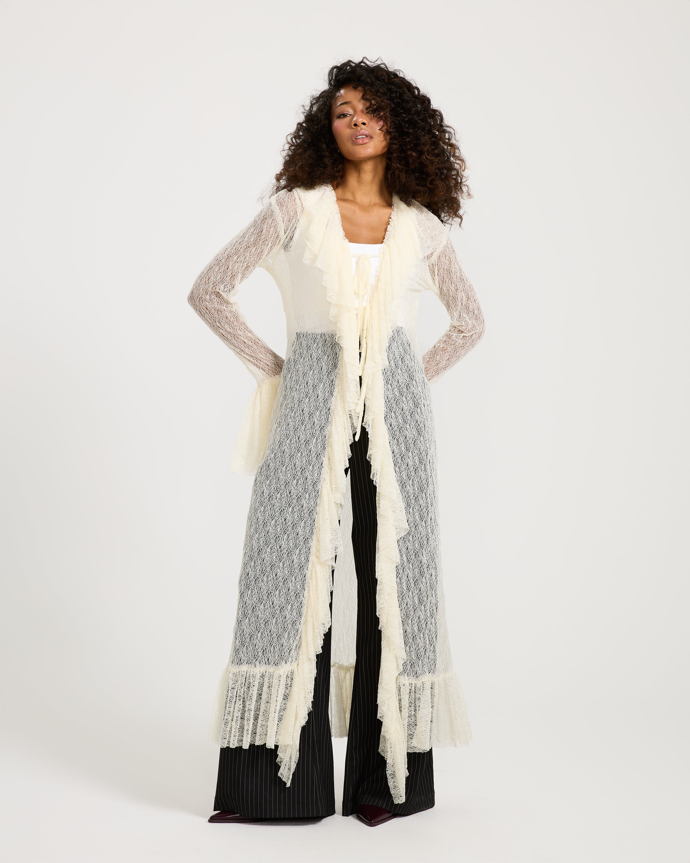 Ruffles Maxi Cardigan In Off White