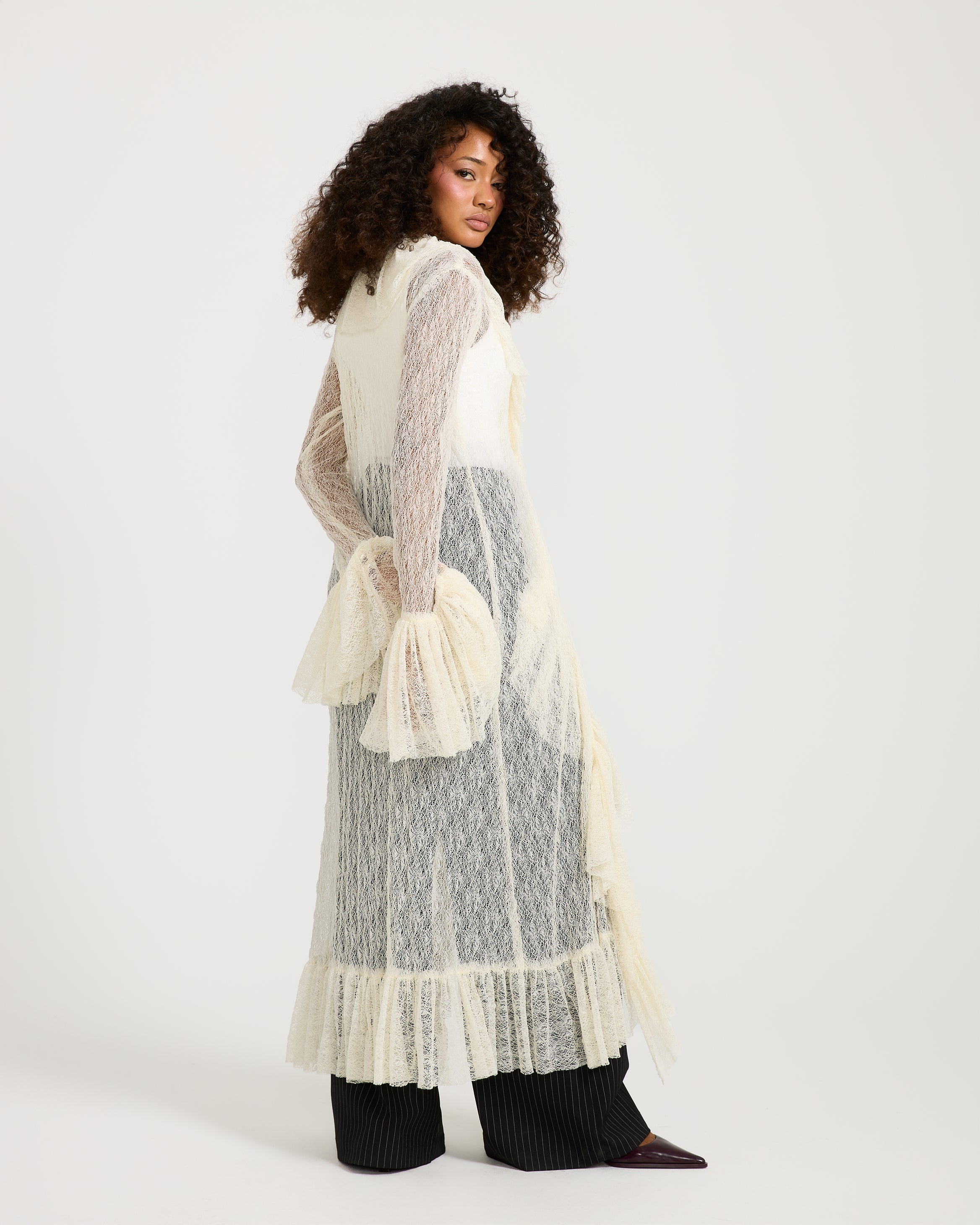 Ruffles Maxi Cardigan In Off White