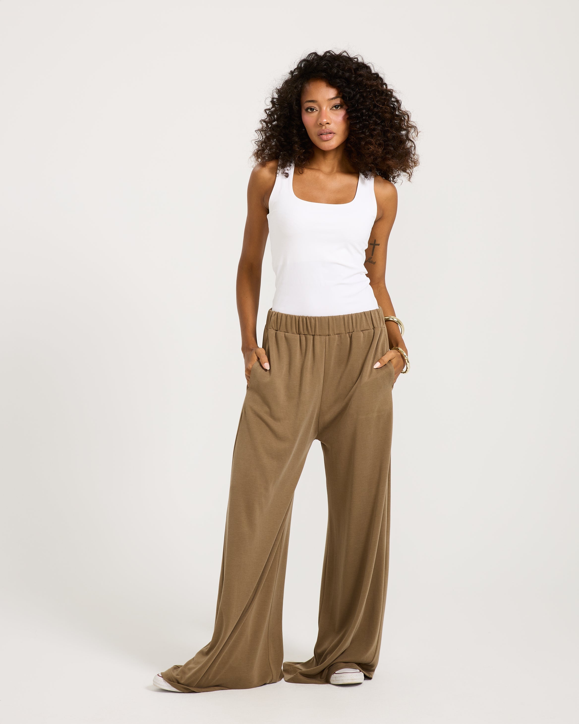 Elastic Waist Wide Leg Pants Coffee