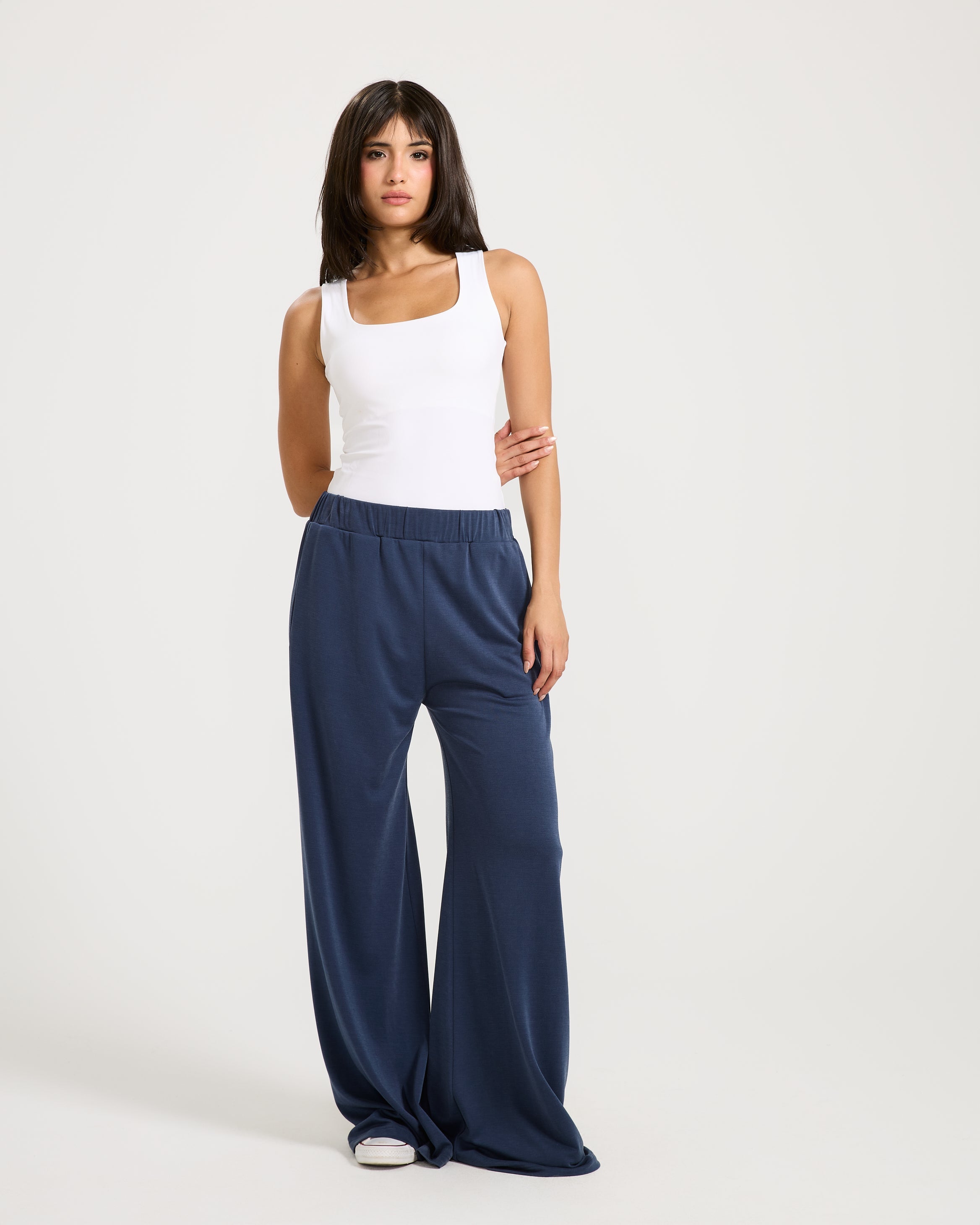Elastic Waist Wide Leg Pants Navy