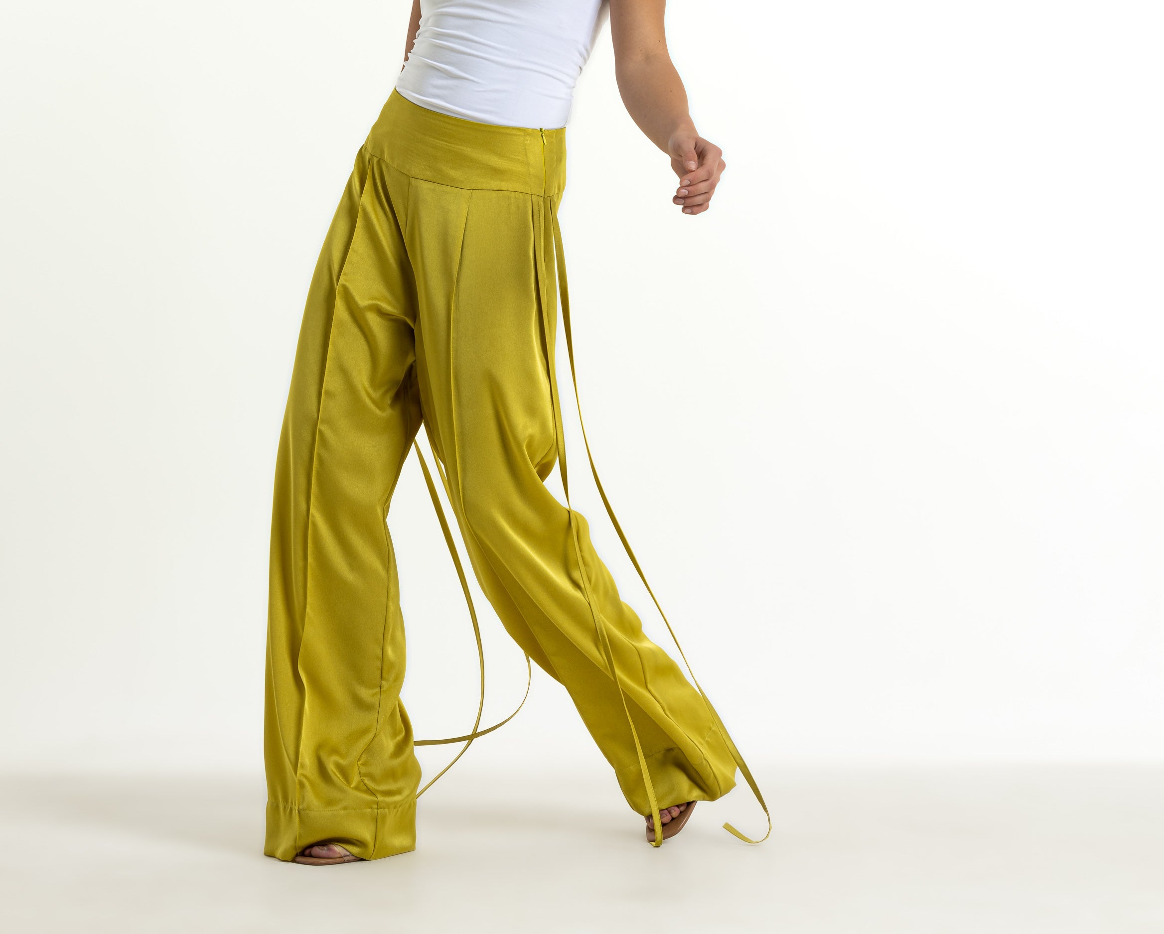 High Waist Wide Leg Satin In Lime