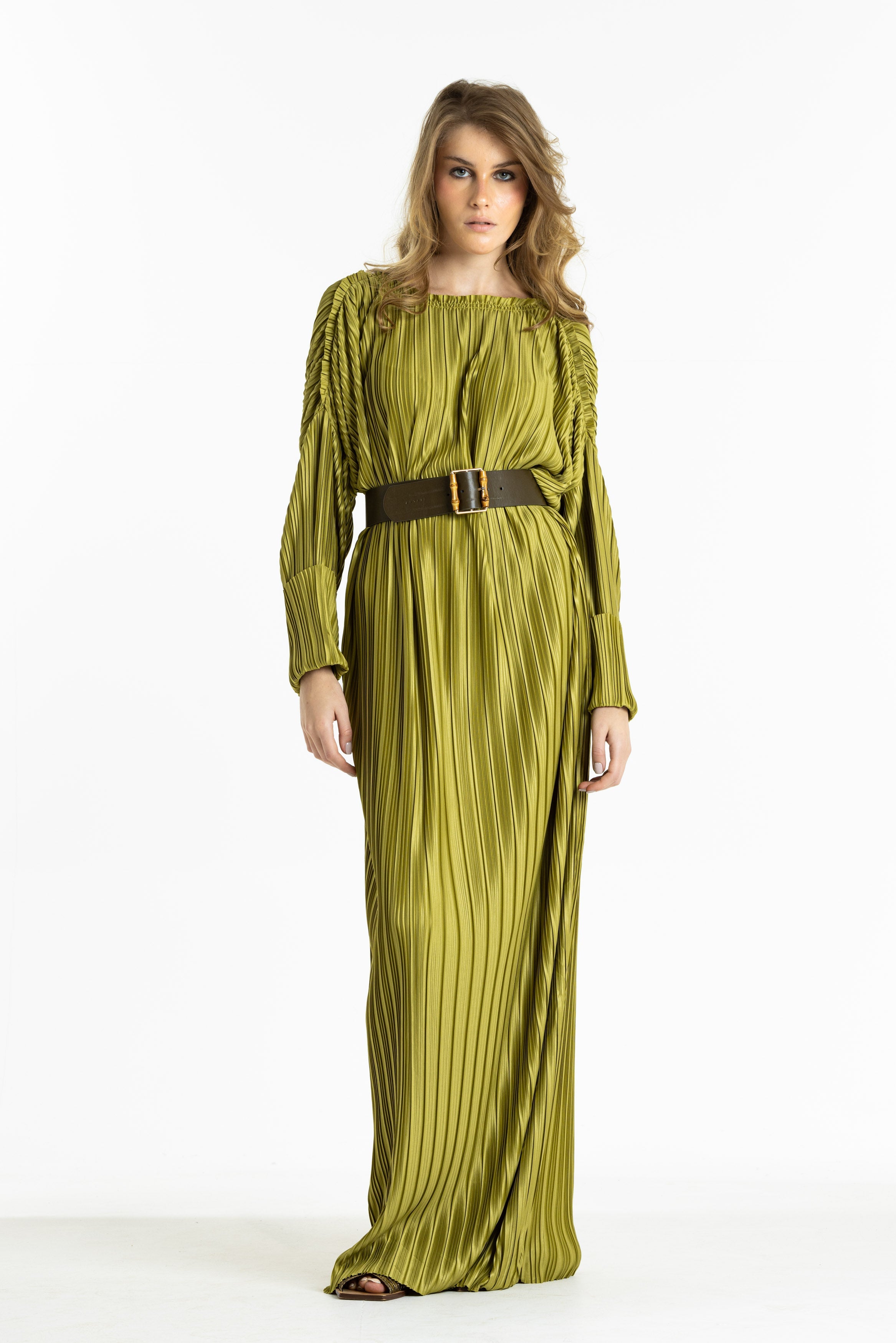 Pleated Stright Dress In Apple Green