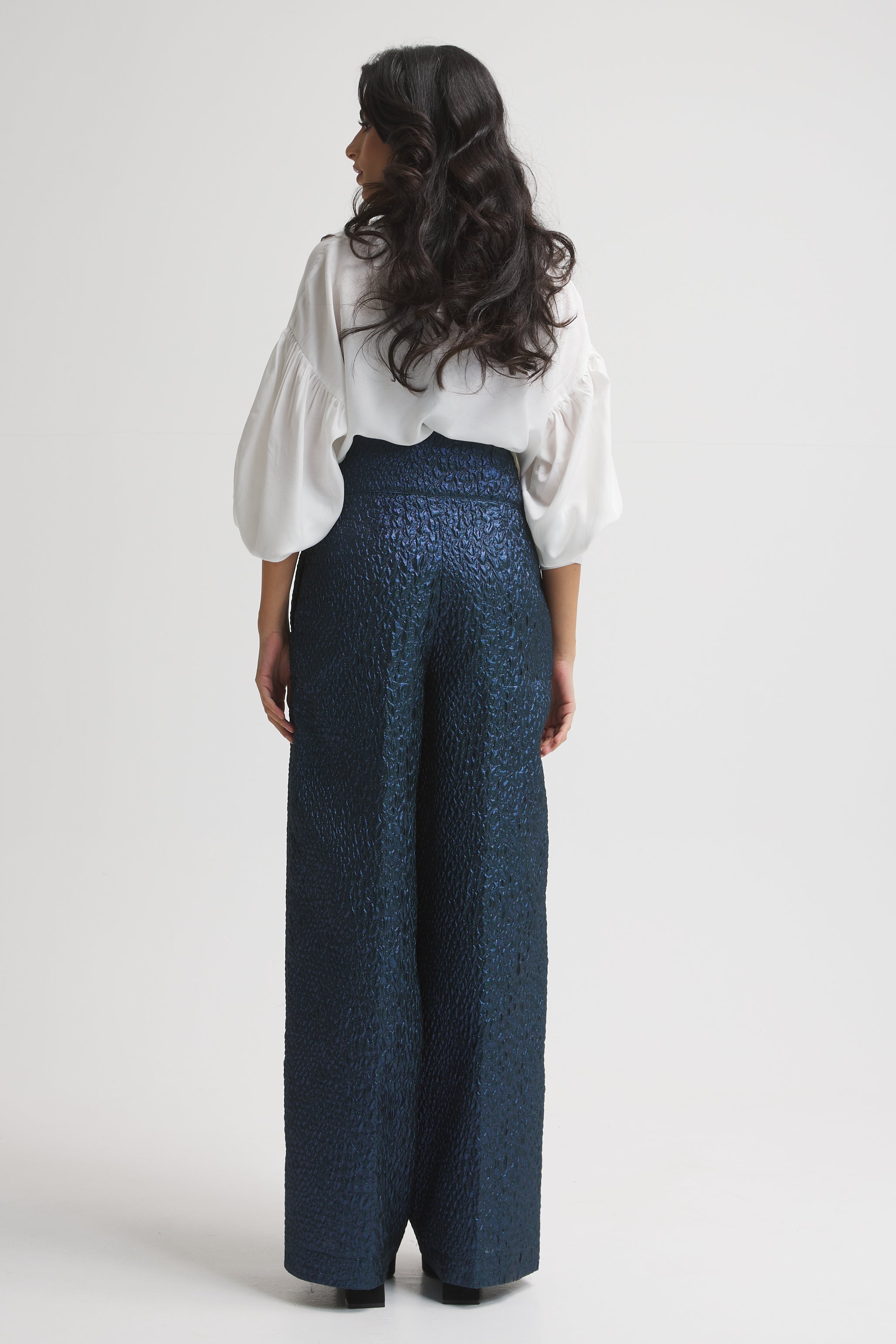 Shinny Blue High Waist Wide Leg Pants