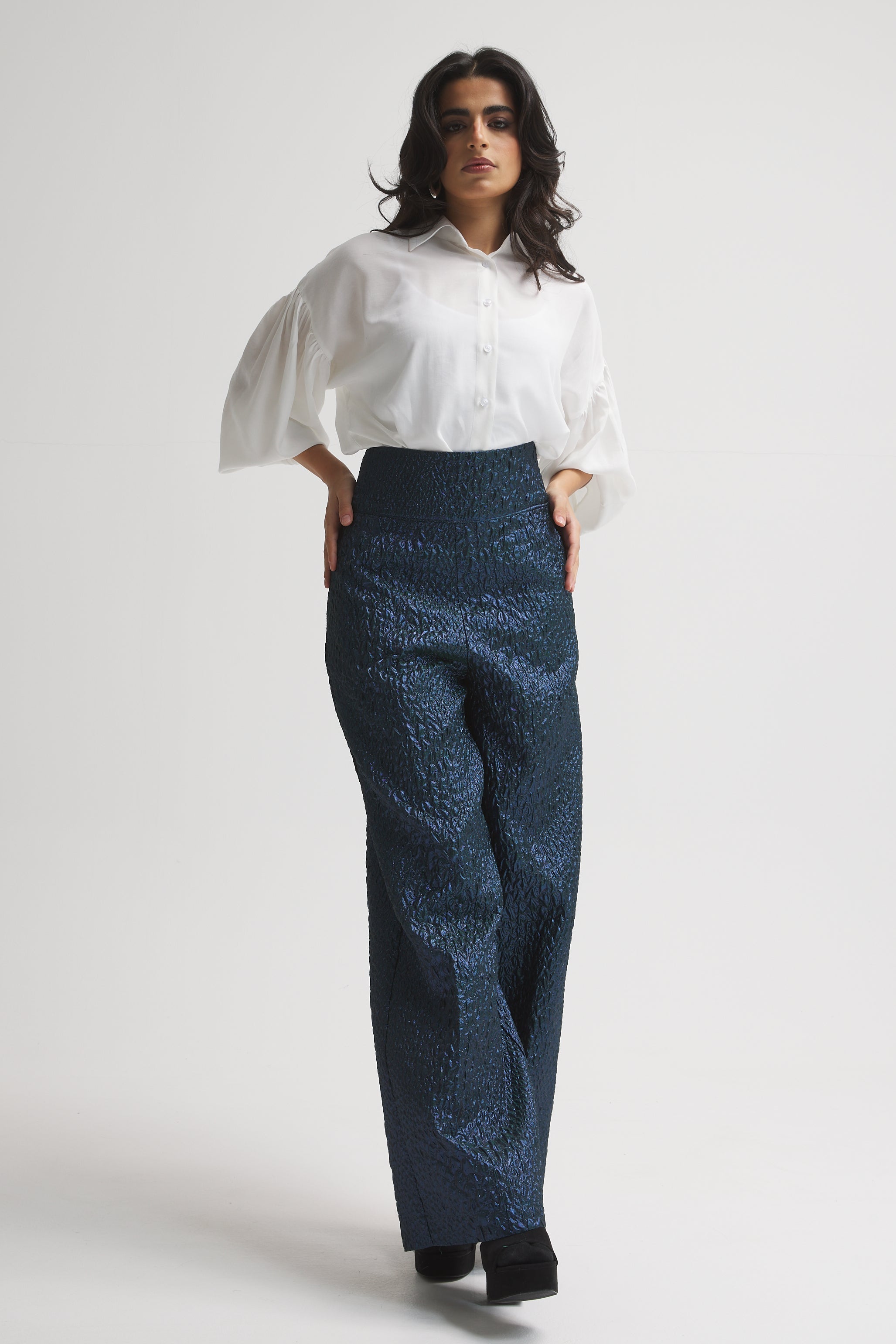 Shinny Blue High Waist Wide Leg Pants