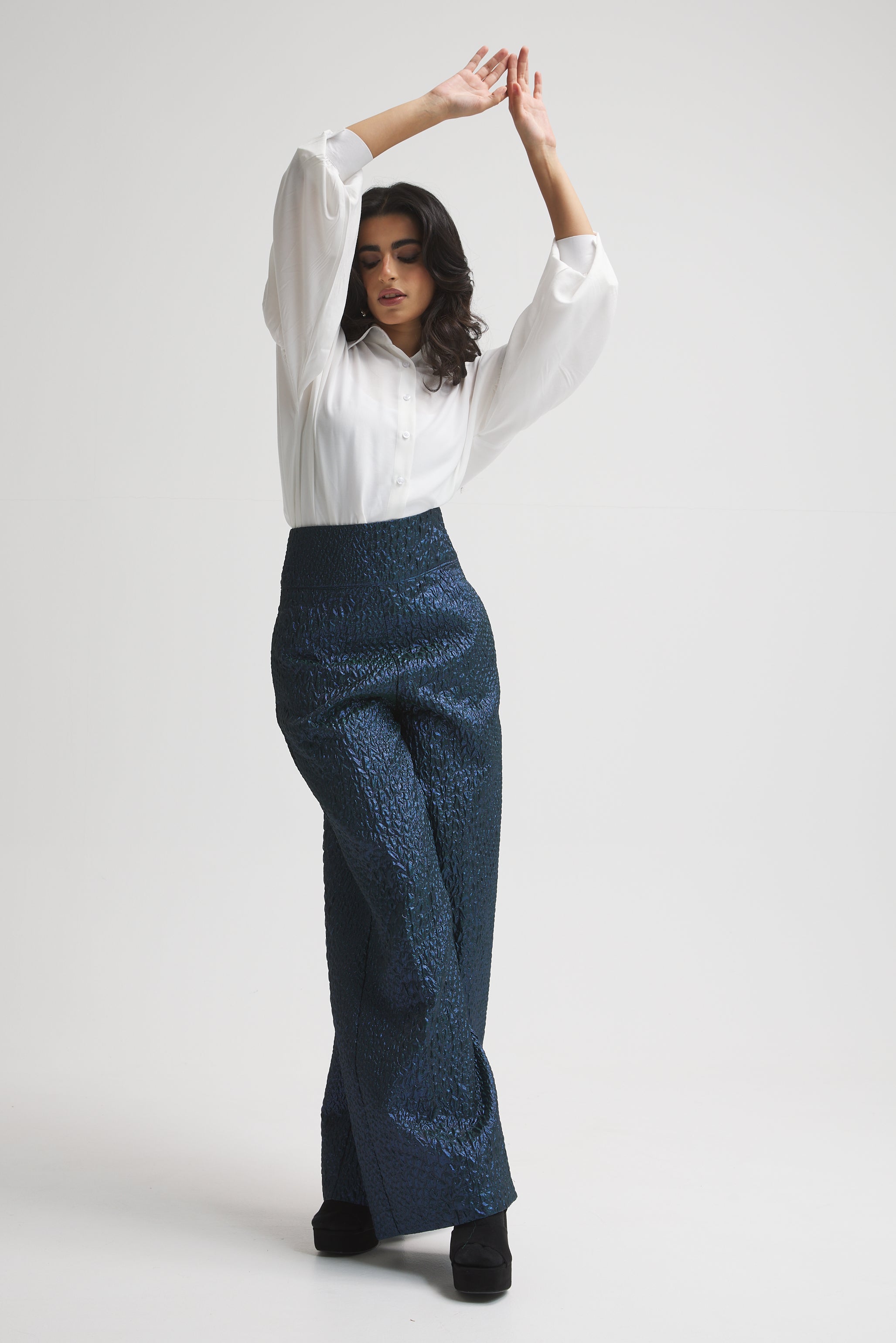 Shinny Blue High Waist Wide Leg Pants