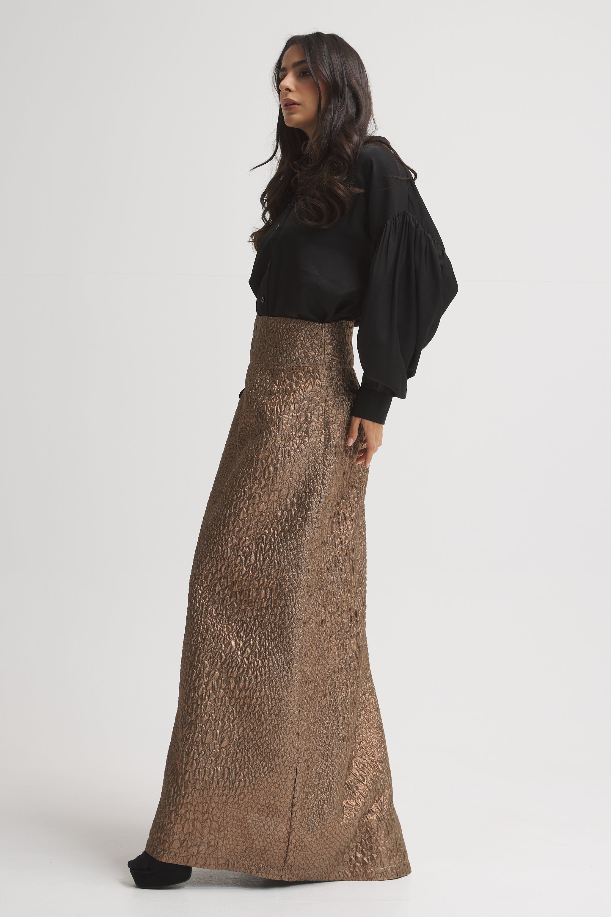 Shinny Copper Maxi Skirt