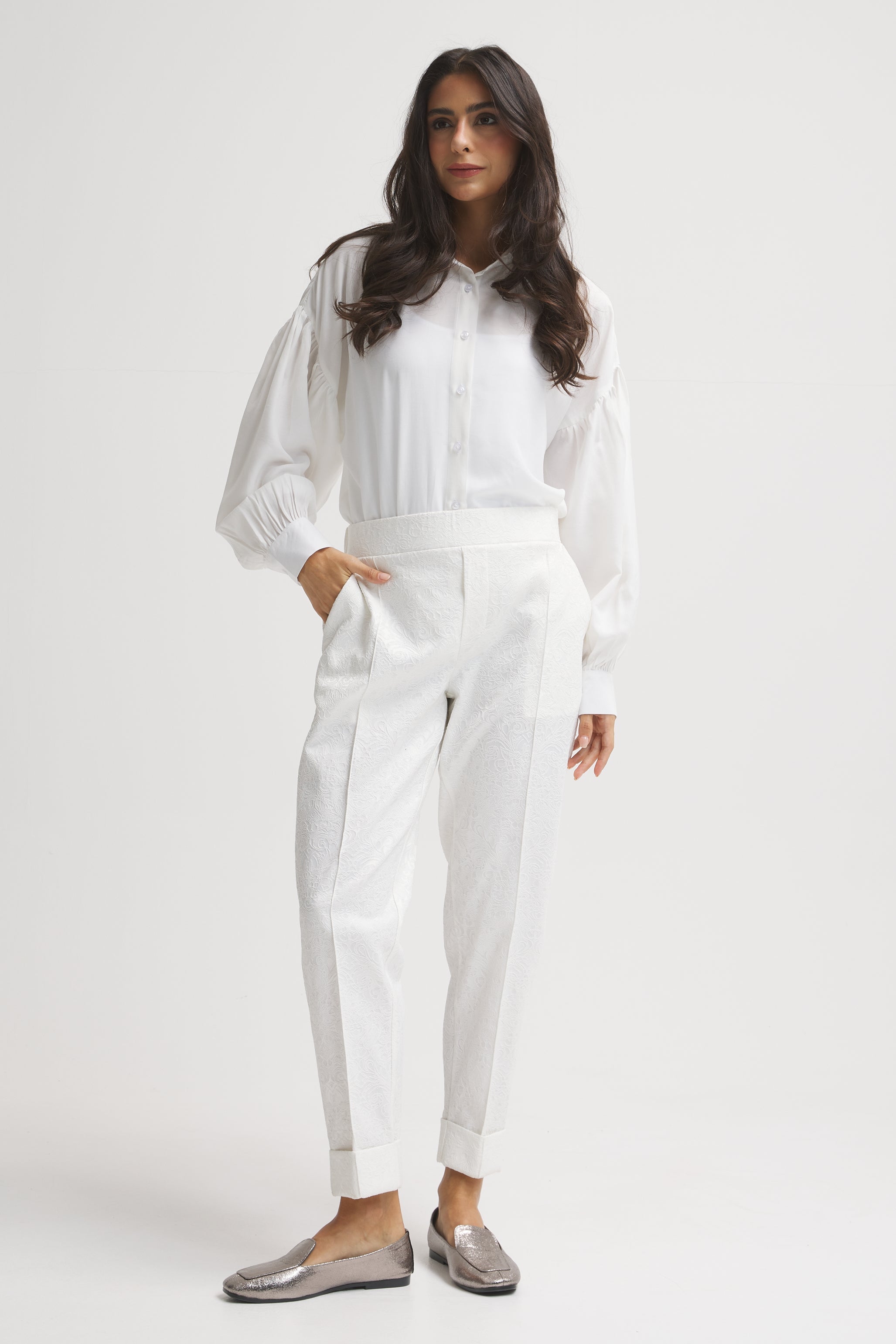 Classic Fit Elastic Waist Pants In White