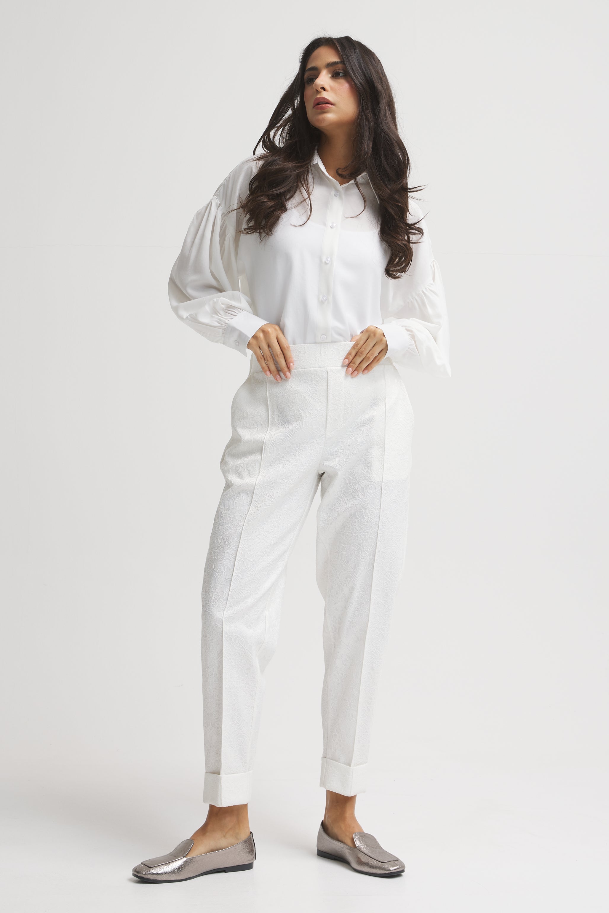 Classic Fit Elastic Waist Pants In White