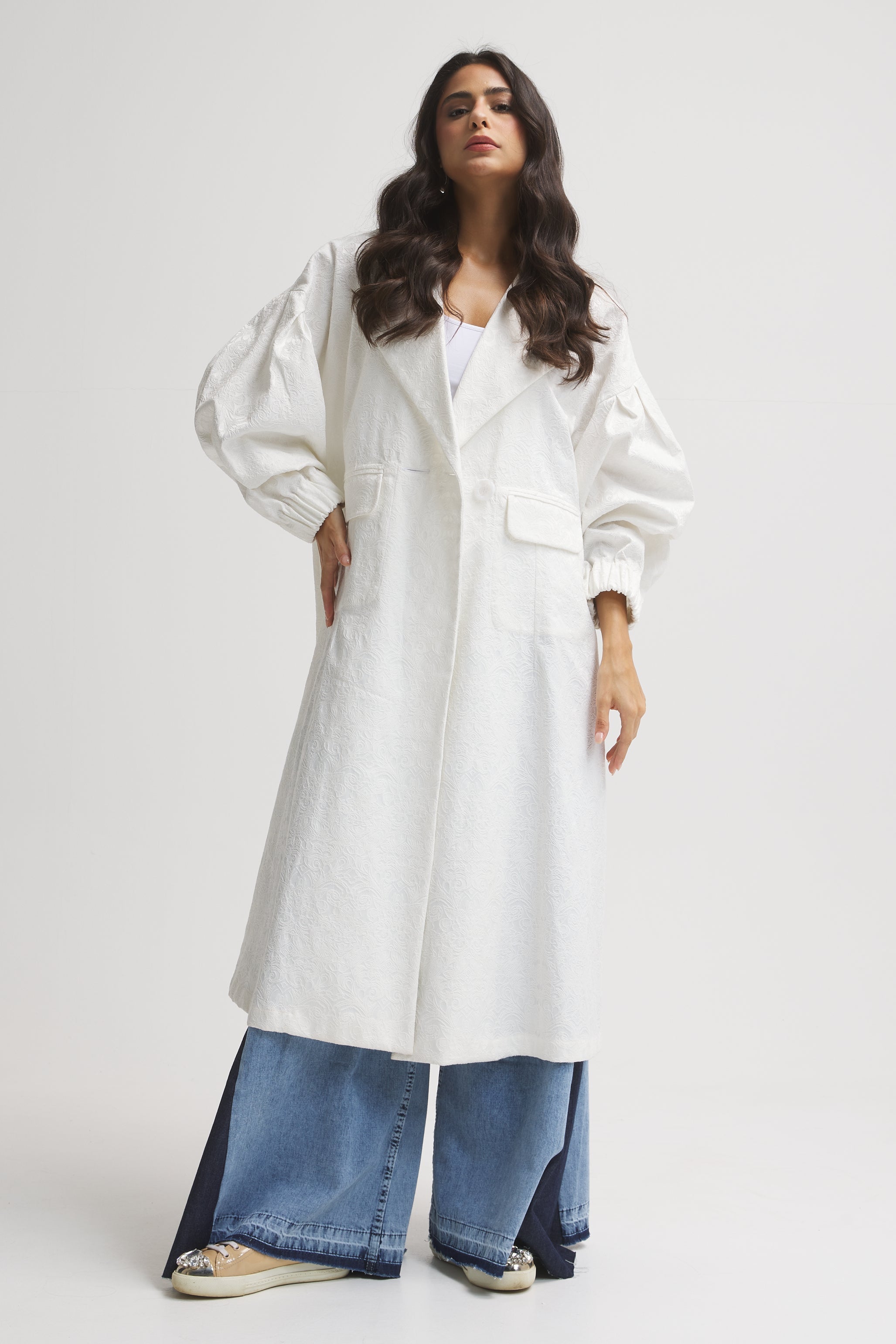 Puffy Sleeves Coat In White