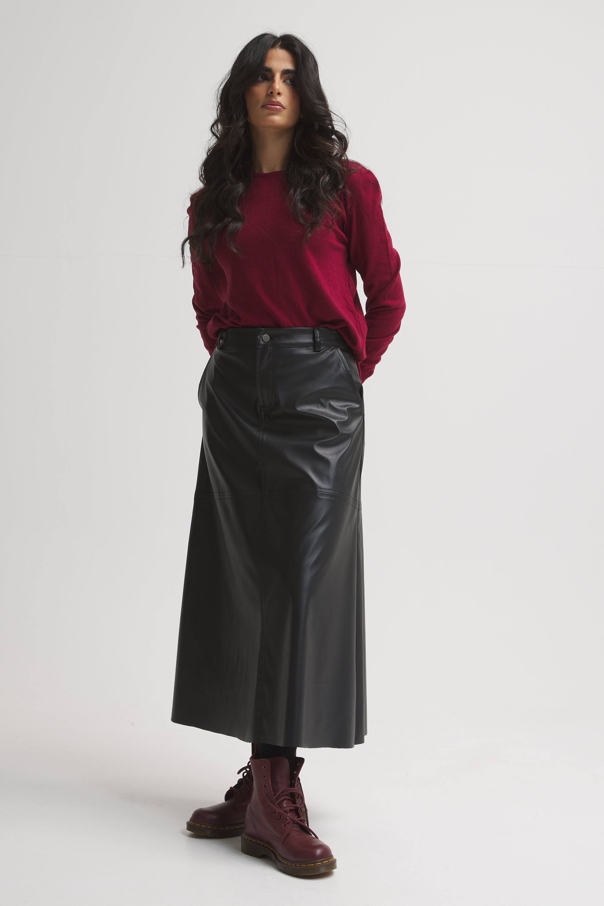 Midi Leather Skirt In Black