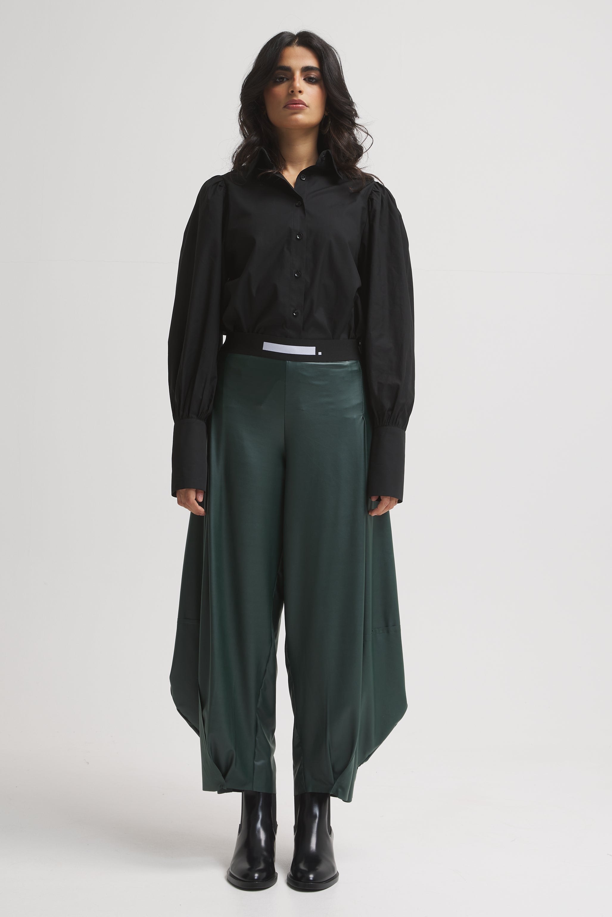 Leather Look Patchwork Cropped Pants In green