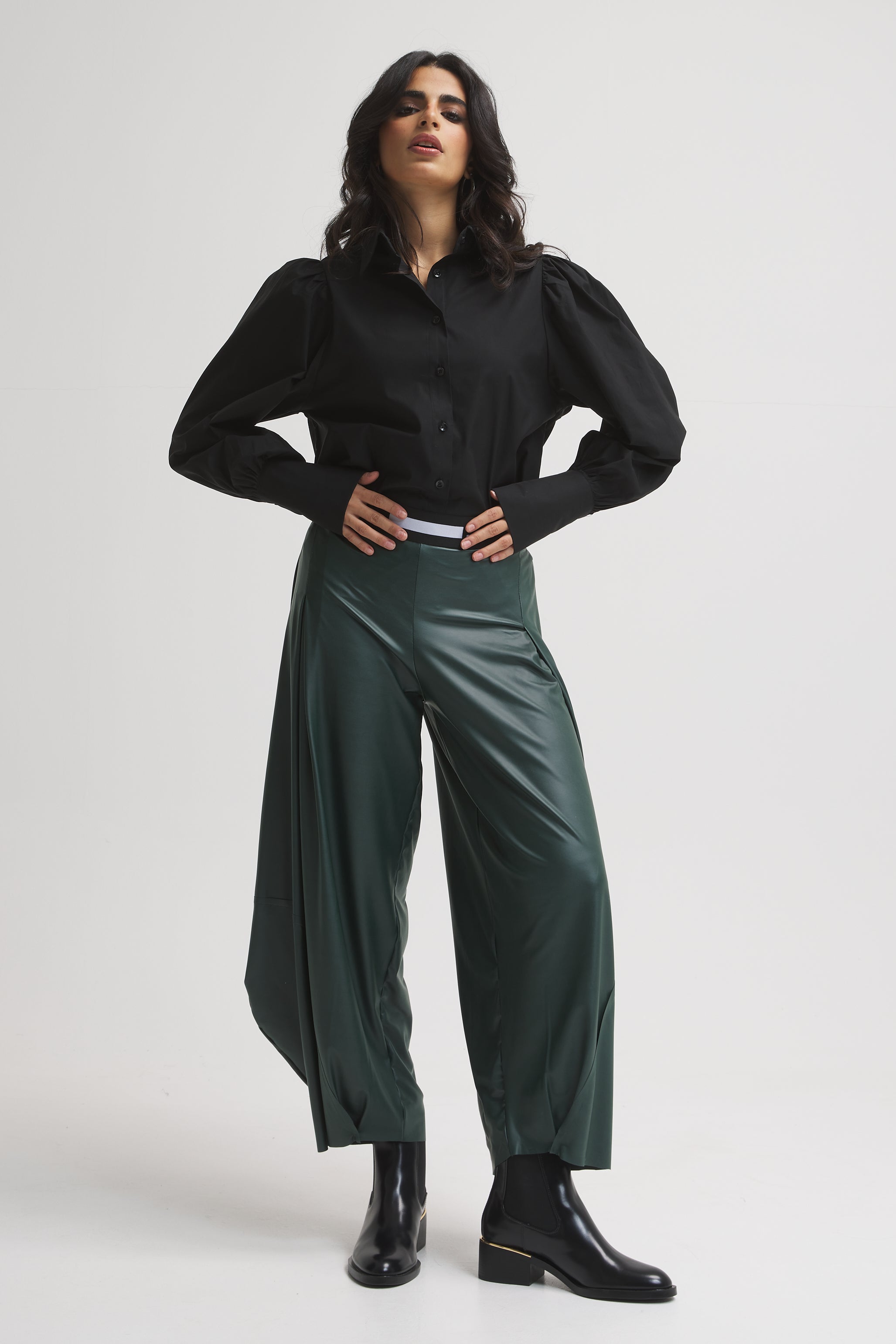 Leather Look Patchwork Cropped Pants In green