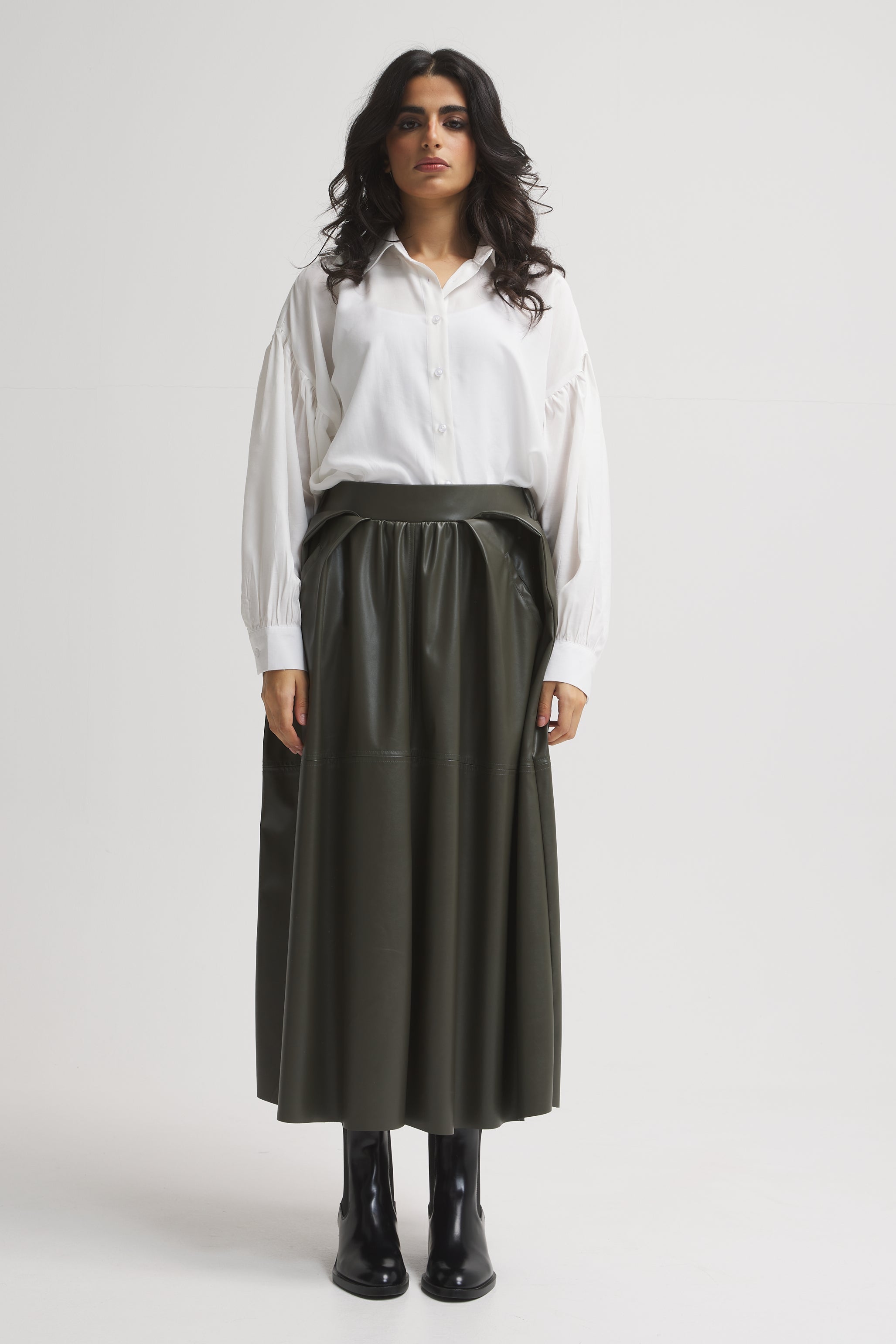 Leather Puffy Olive Skirt