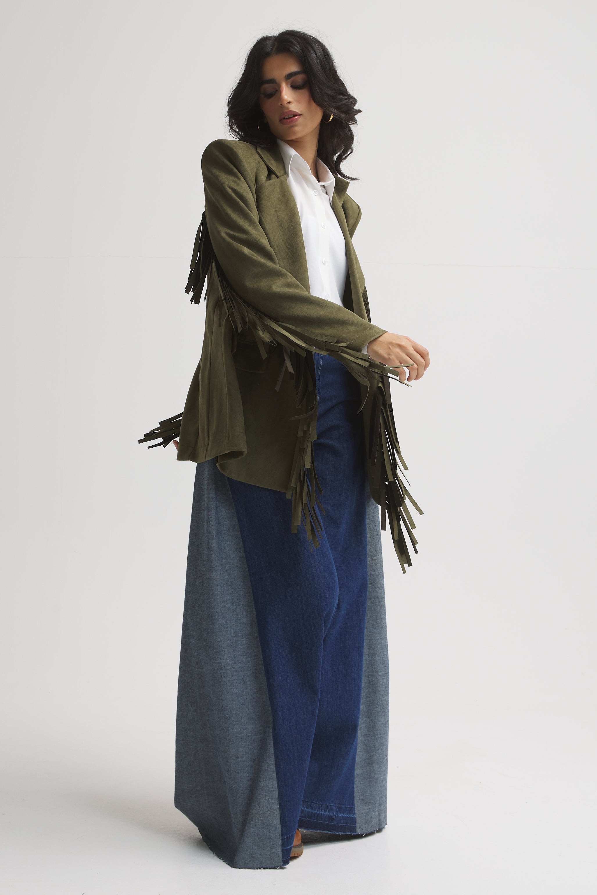 SUEDE FRINGES BLAZER IN OLIVE