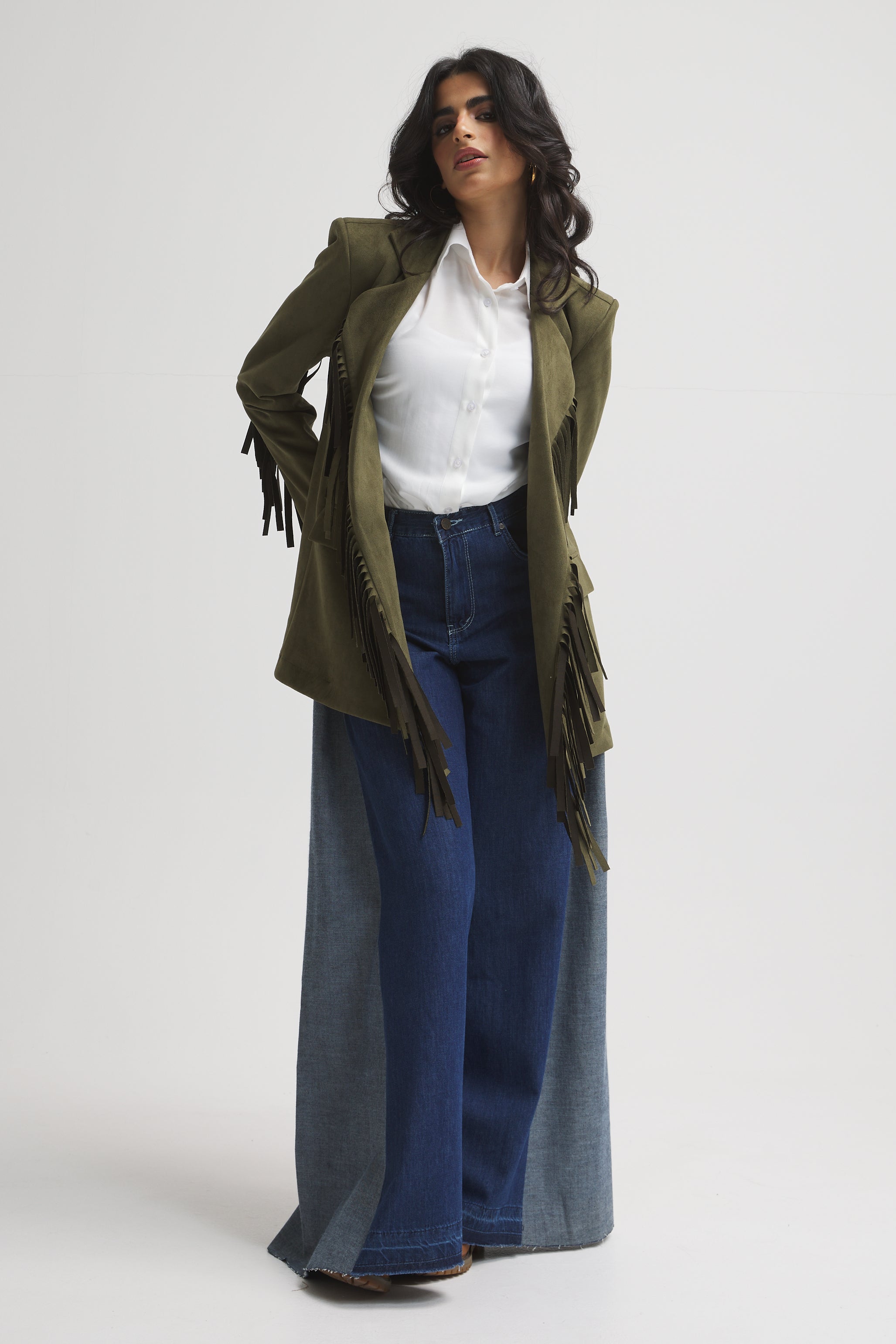 SUEDE FRINGES BLAZER IN OLIVE